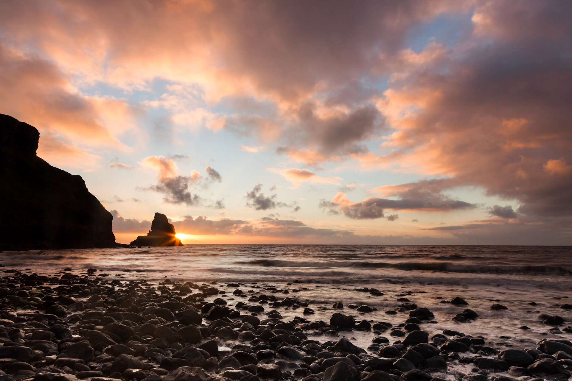 Sunset at Talisker beach, Isle of Skye, Scotland.