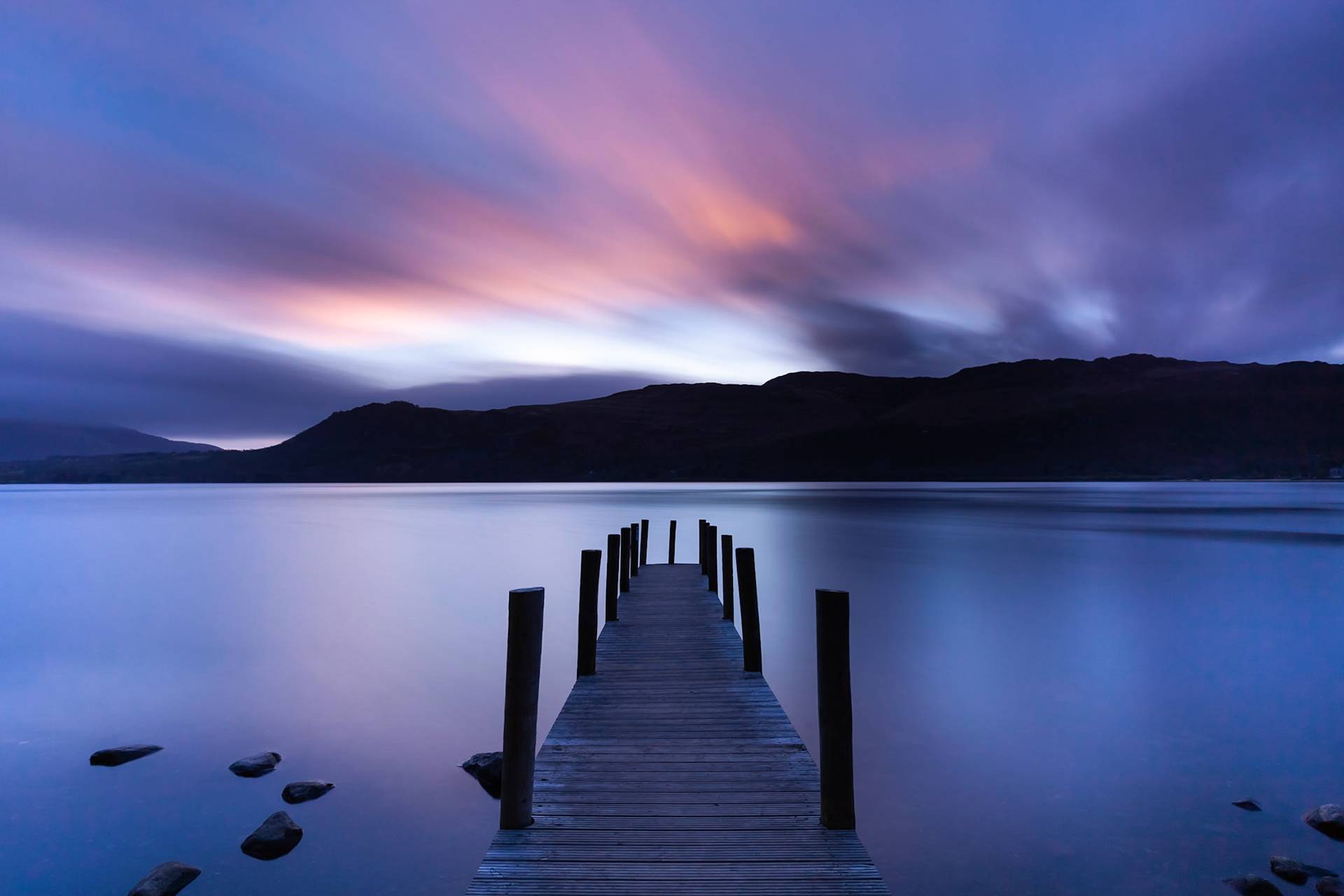 An early morning long exposure from High Brandelhow Jetty on Derwent Water, The Lake District, England.