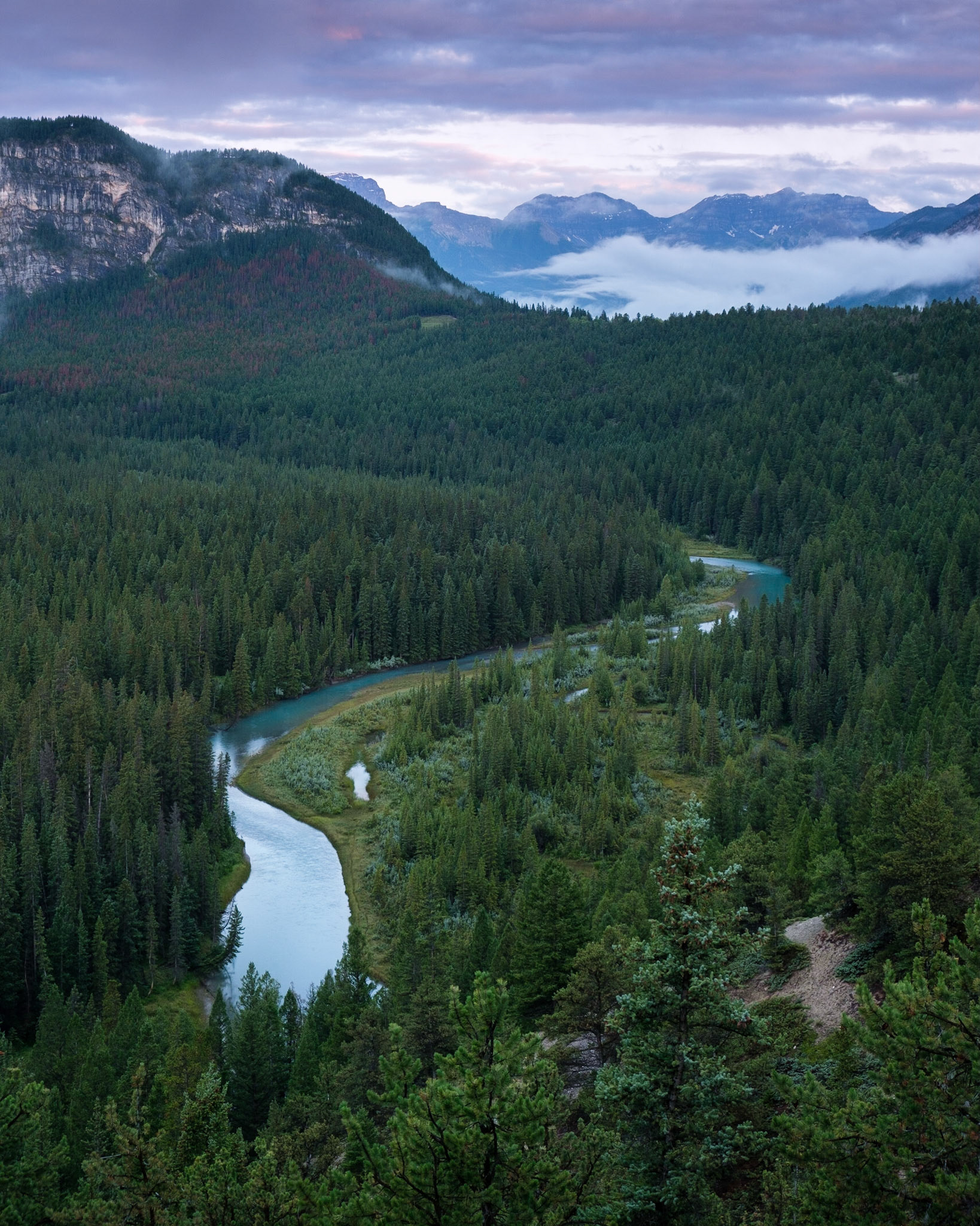 Dawn looking out over the Bow River from Hoodoos Viewpoint, Banff National Park.