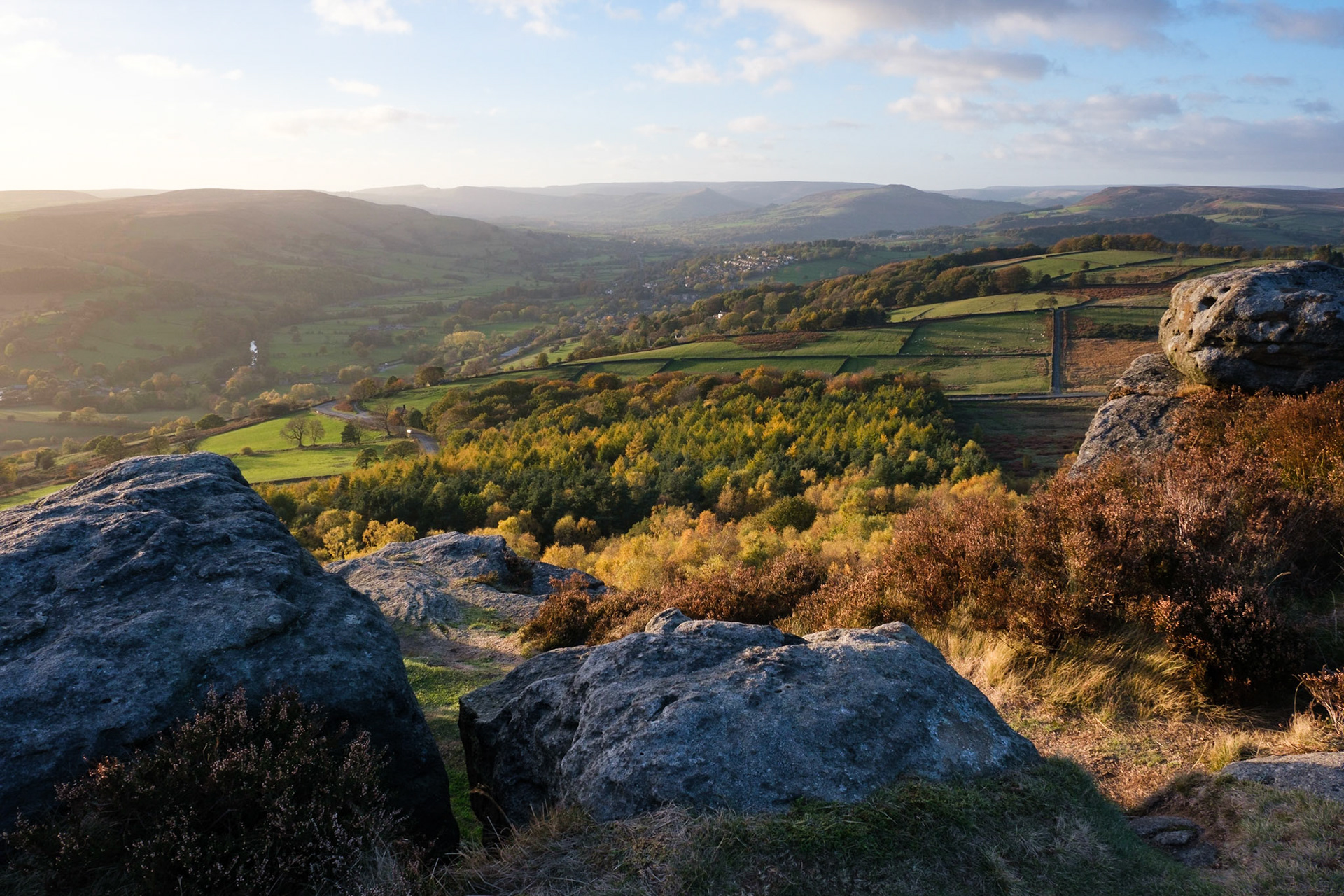 Hathersage and the Hope Valley below Millstone Edge on a sunny autumn afternoon. Peak District National Park, England.