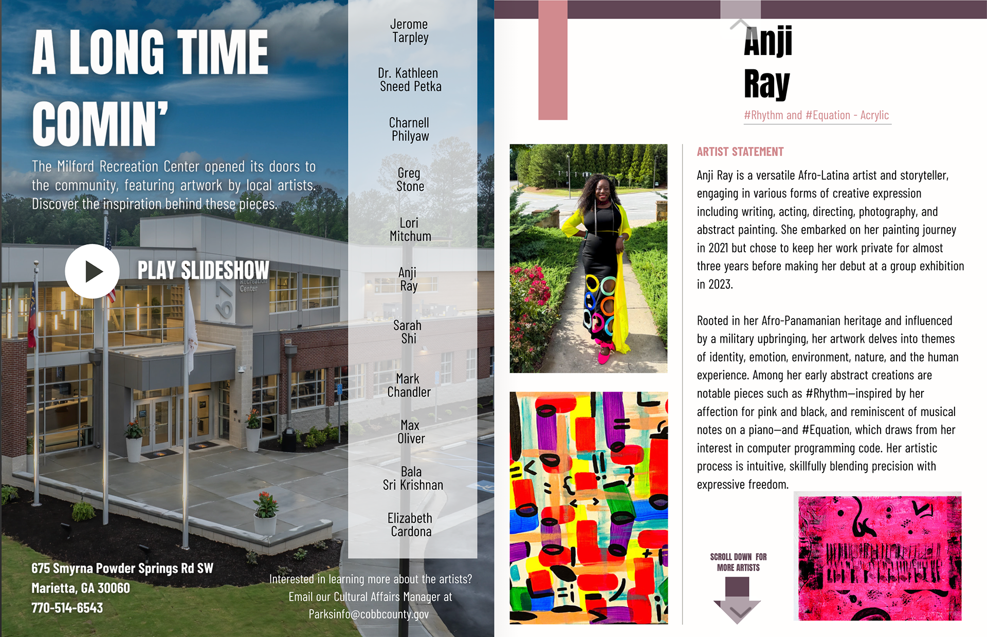 Artist Anji Ray Artist Statement for Opening of Milford Recreation Center