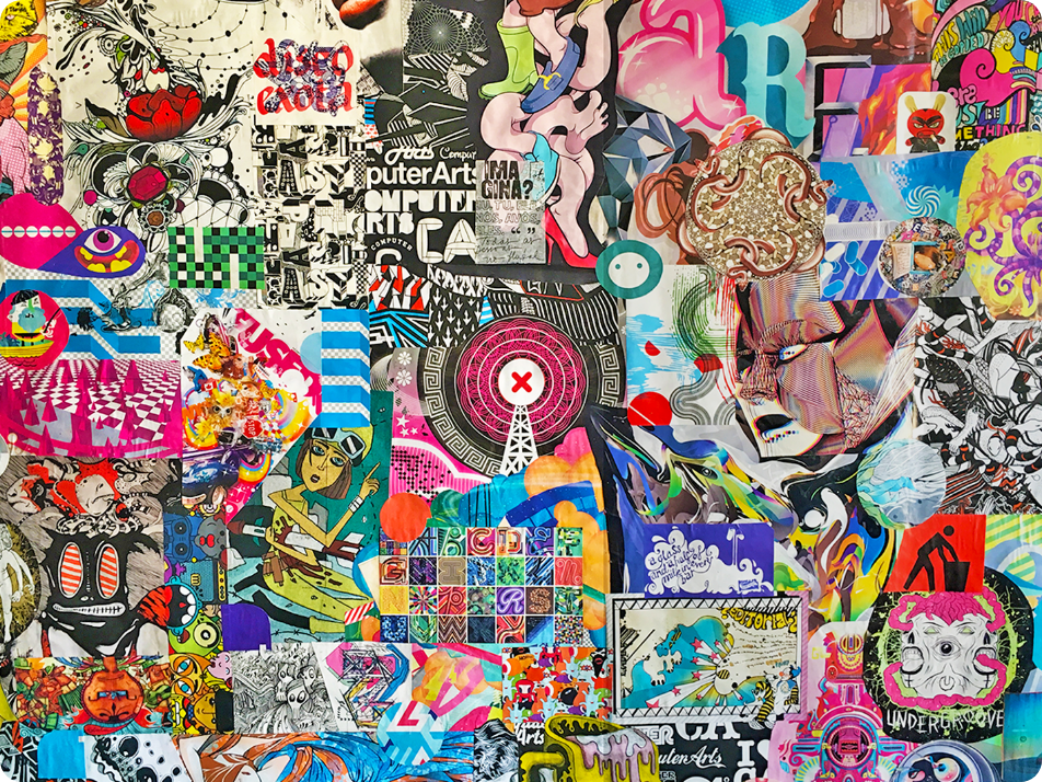 Colagem com artes de revistas de design