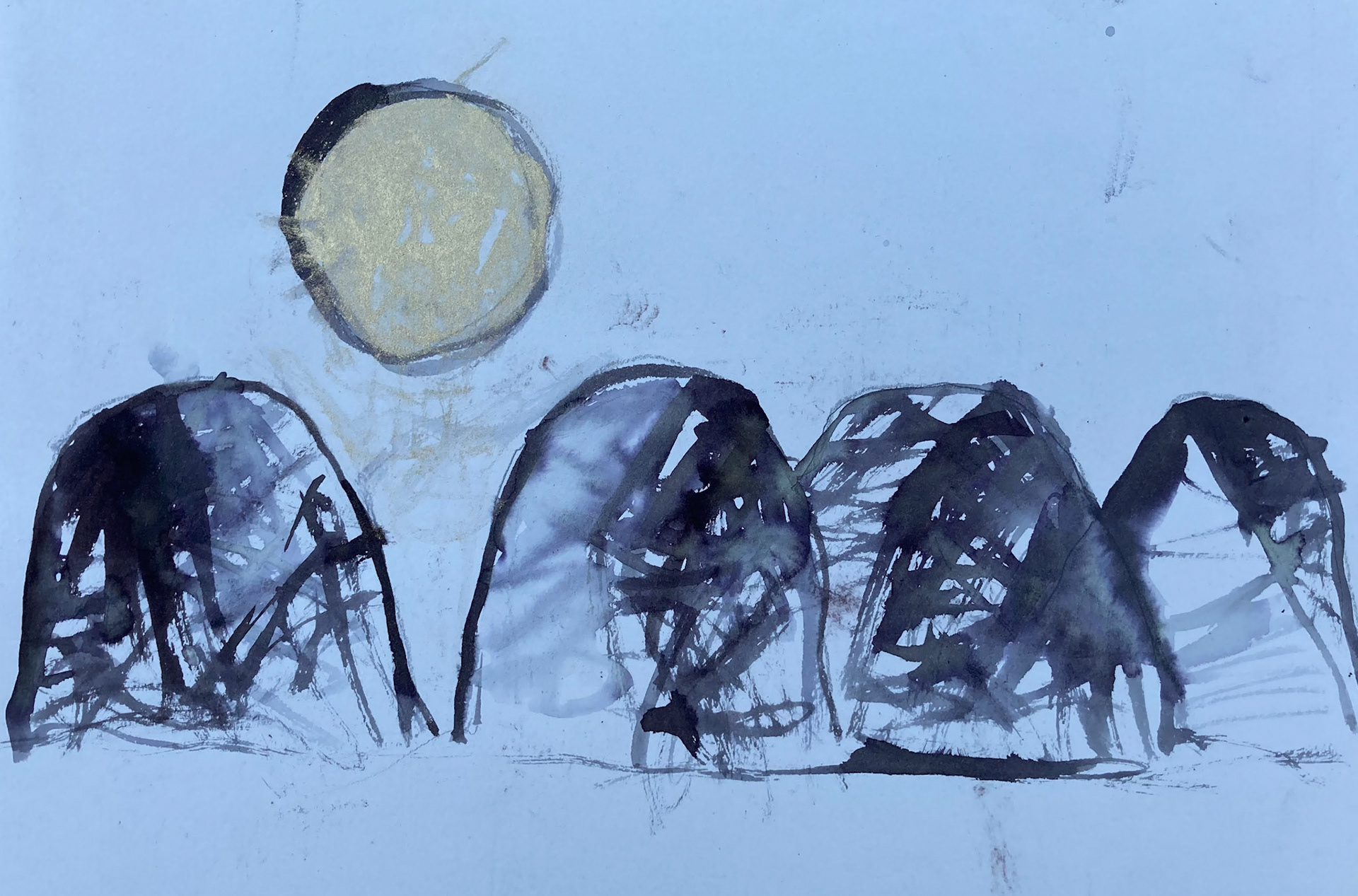 'FLOATING BY'. ink and metal leaf n paper
