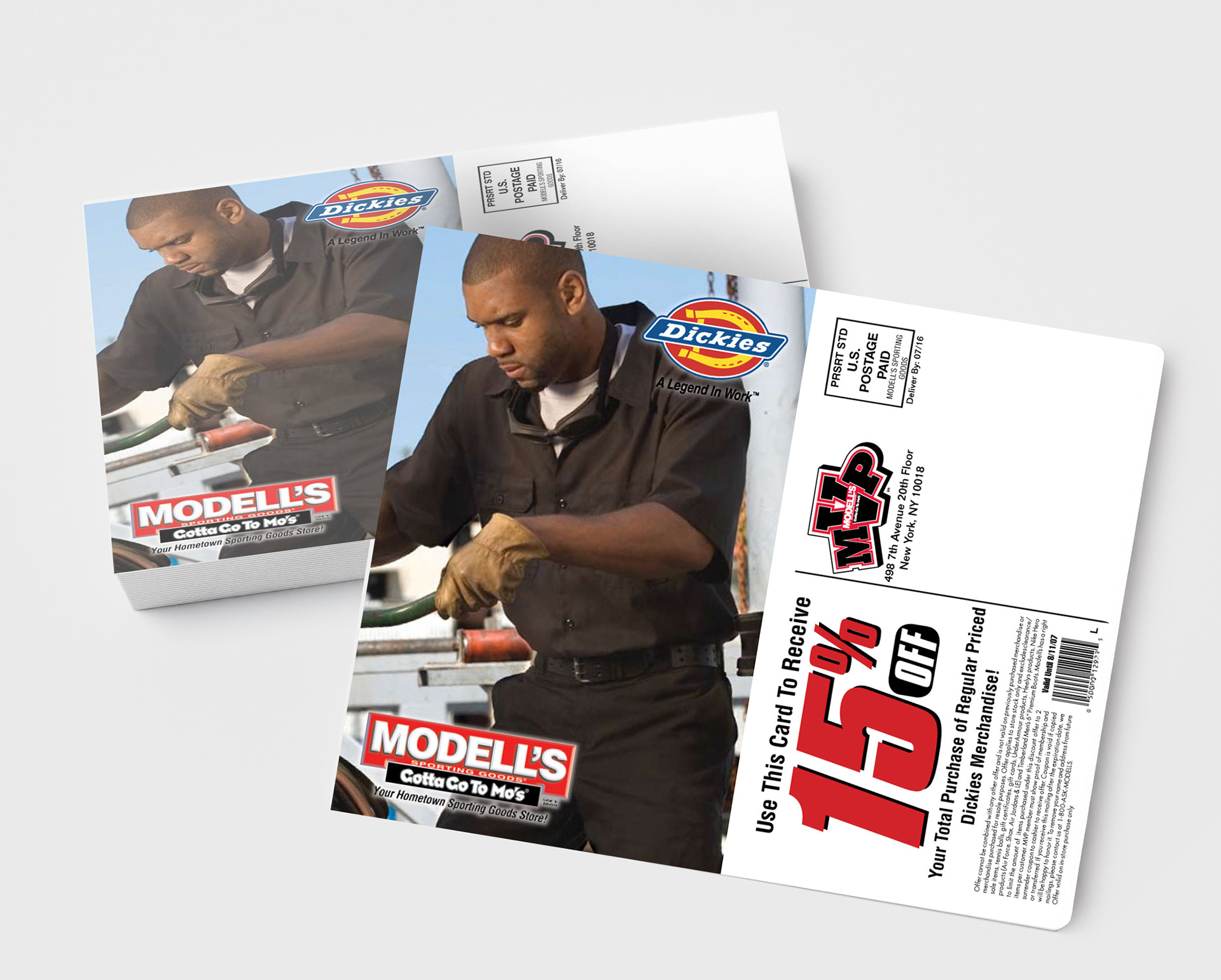 Postcard for the company Dickies, designed for Modell's. A mailer that was sent out to homes