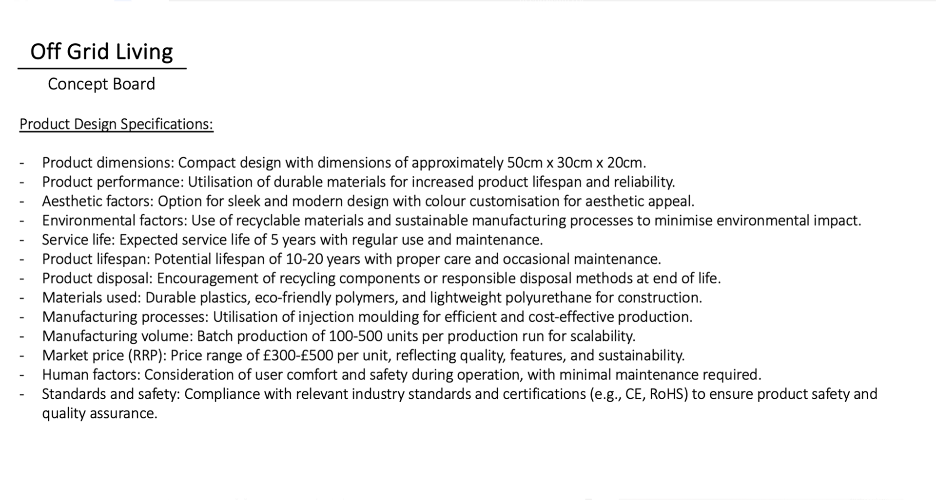 PRODUCT DESIGN SPECIFICATIONS