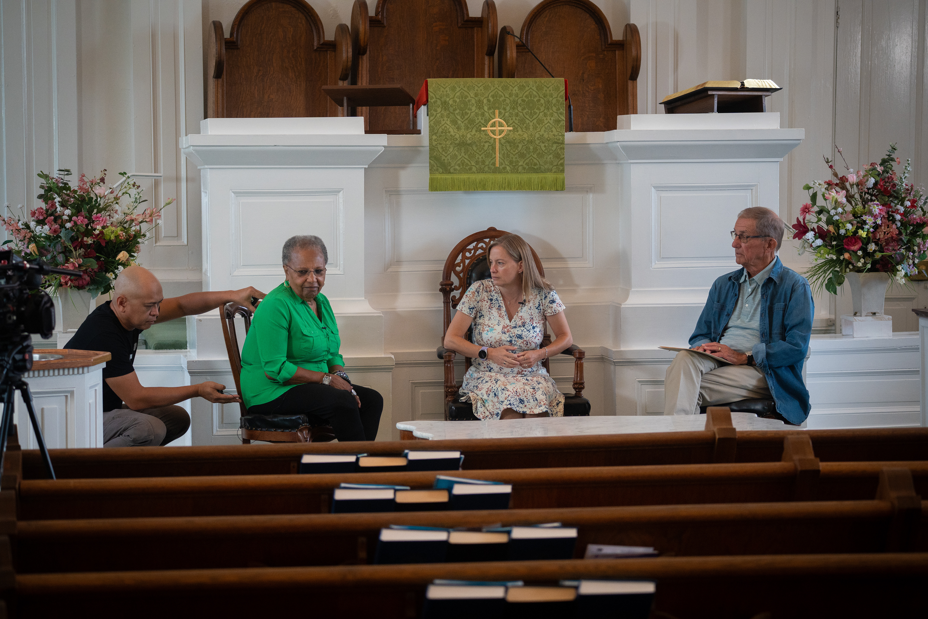 Director, Nich Perez setting up the conversation with Pastors Jim Zimmerman, Lucy Jackson-Hughes and Loren Mitchell at the historic New Providence Presbyterian Church