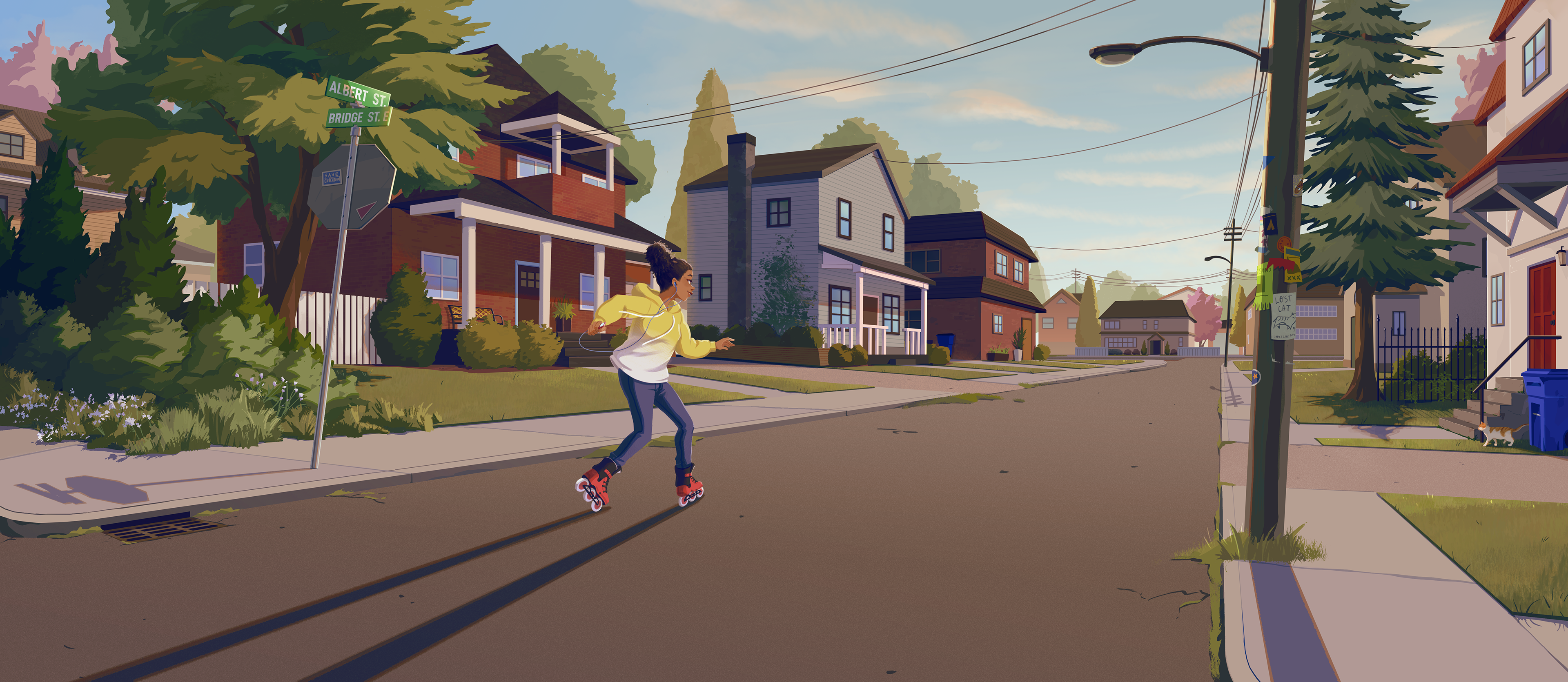 stylized painting of key art for rollergirl. Depicts the player character rollerblading down a residential road with houses on the sides