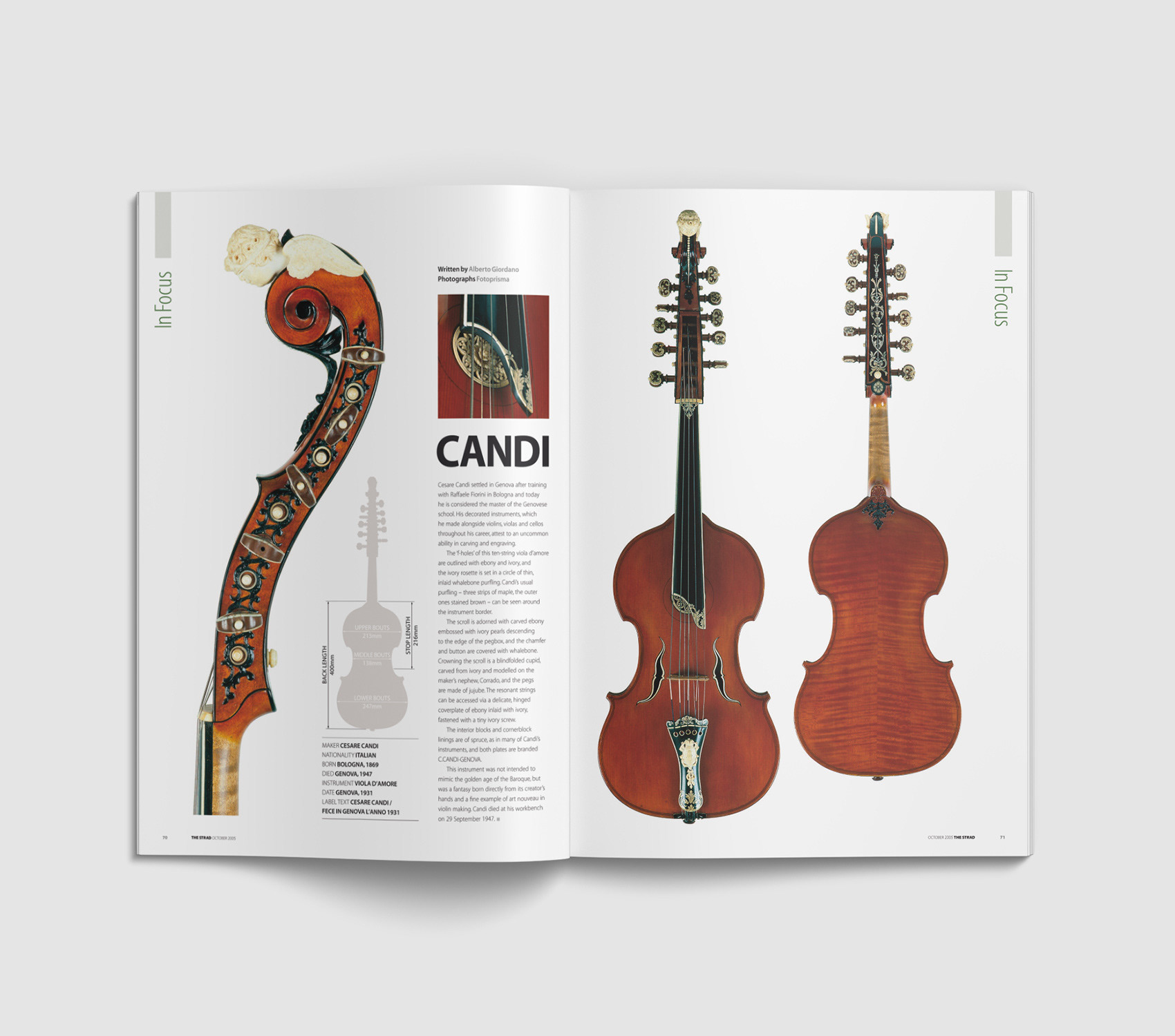 In Focus; a regular spread focussing on a violin of interest. As well as colour-matched photography, a silhouette of the violin served visual device to display the proportions (as opposed to previously used tablular format)