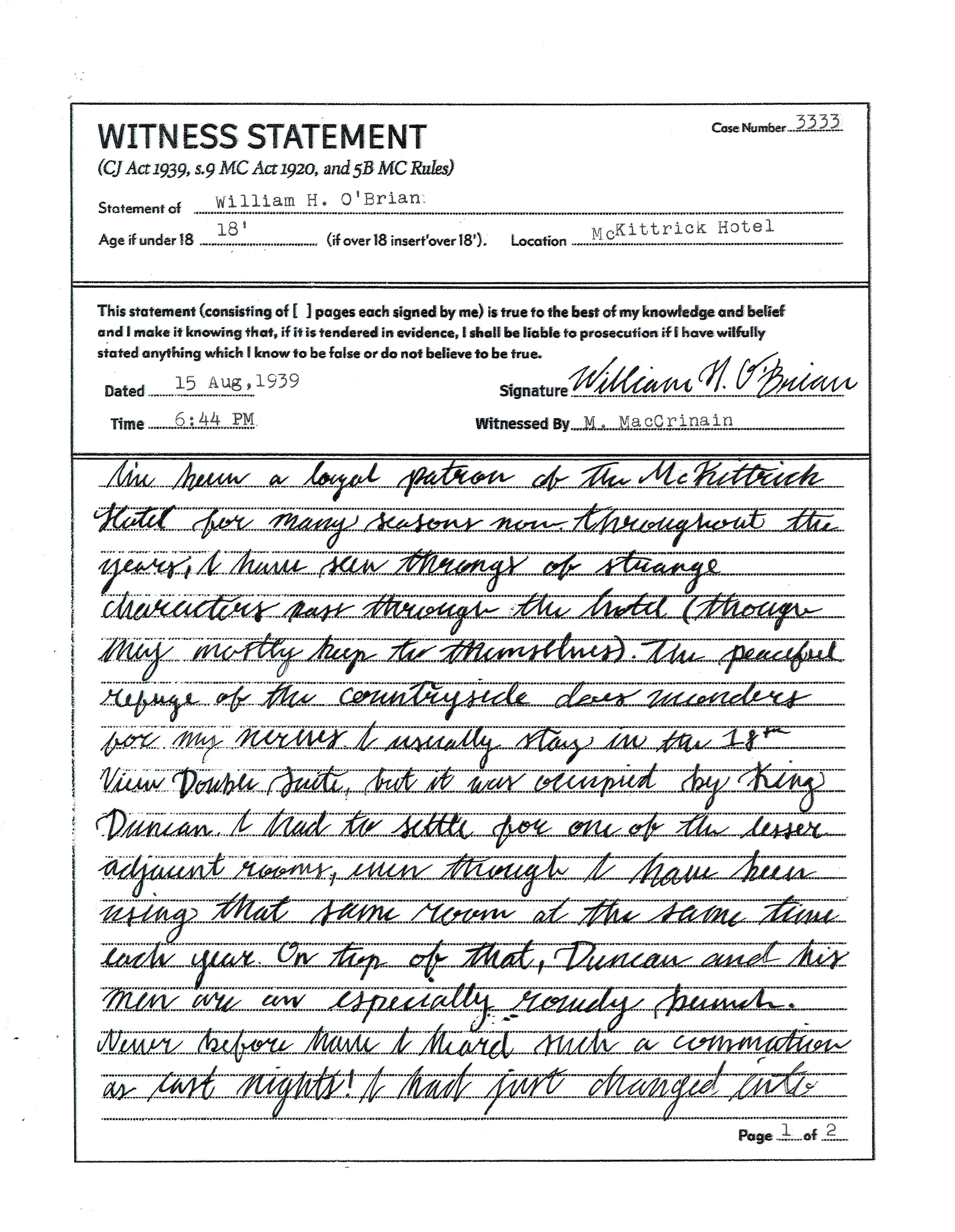 I integrated quotes from the original Macbeth script to create a witness statement for the Falcon File 