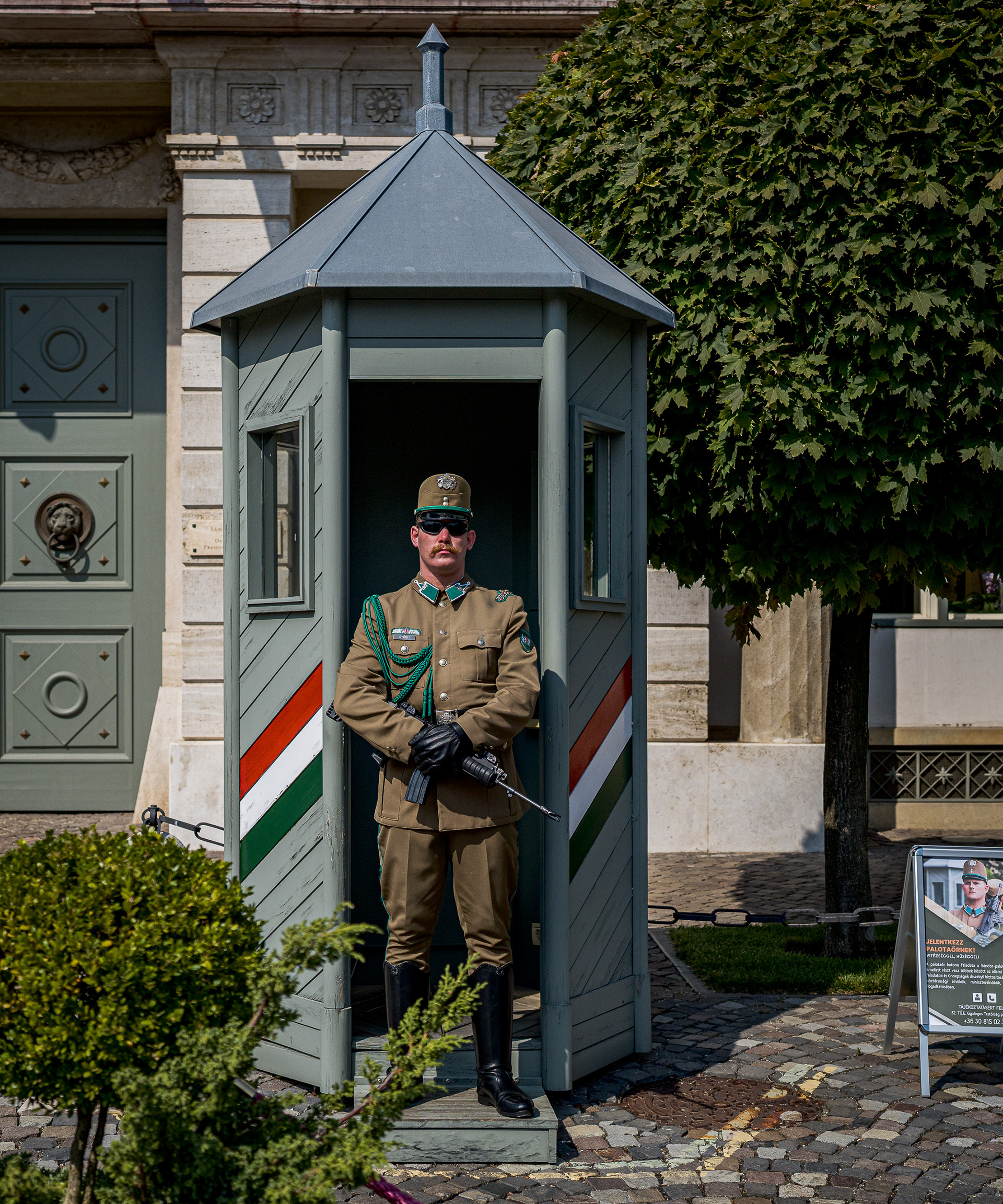 A Hungarian soldier in dress uniform standing at attention in a guard box at the Sándor Palace.