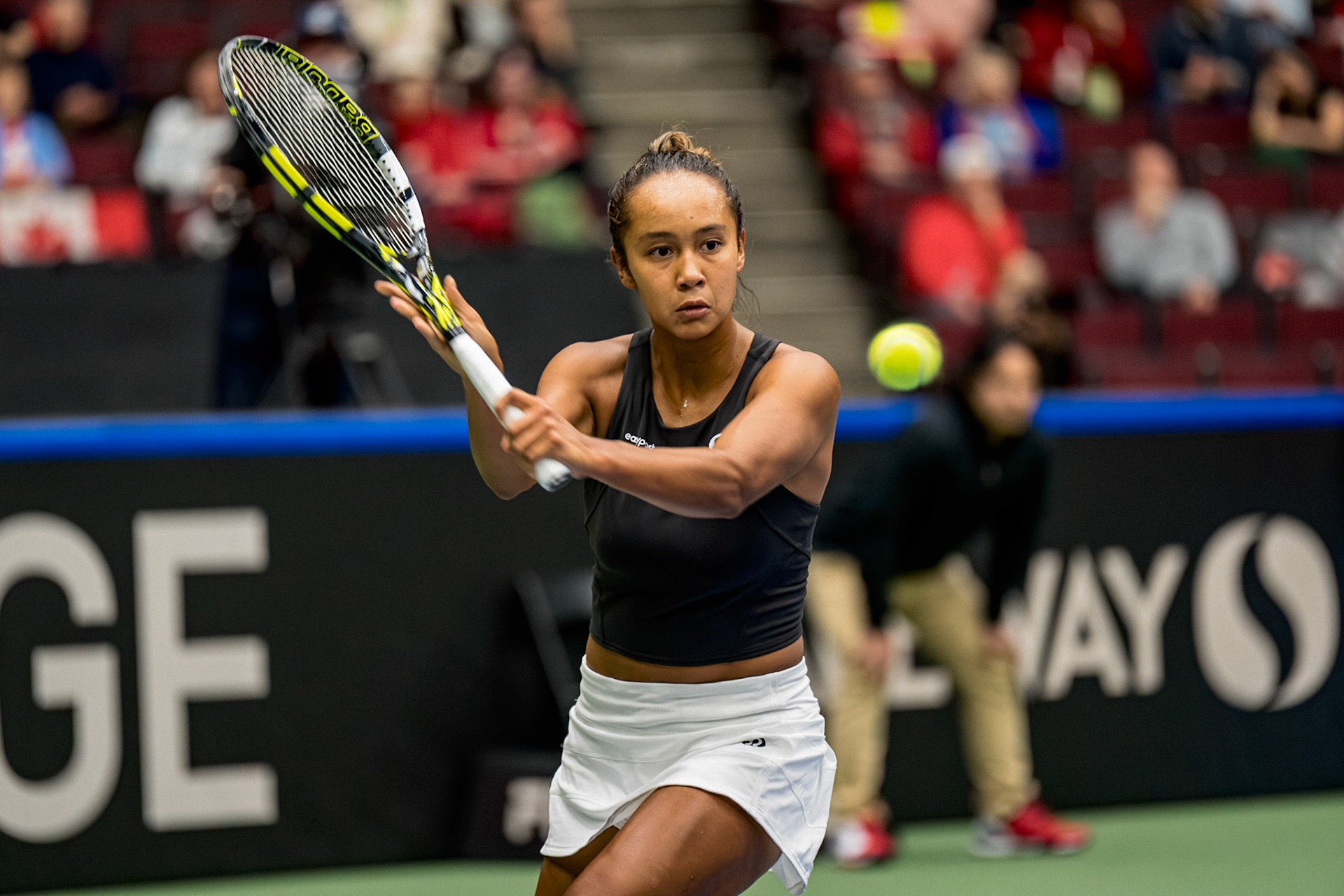 Vancouver, Canada. 14th April, 2023. Leylah Fernandez of Canada in action against Yanina Wickmayer of Belgium during the Billie Jean King Cup at Pacific Coliseum. Credit: Joe Ng/Alamy Live News