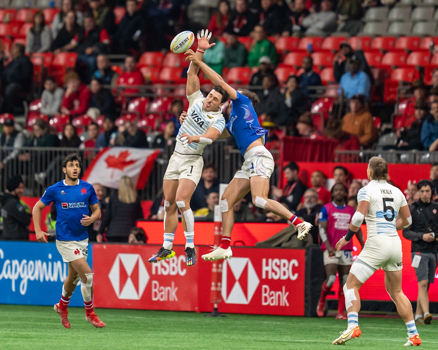 Vancouver, Canada. 5th March, 2023. Rodrigo Isgro (Top L) of Argentina competes a lineout during Day 3 - HSBC Canada Sevens 2023 Cup Final match against France at BC Place in Vancouver, Canada. Credit: Joe Ng/Alamy Live News.