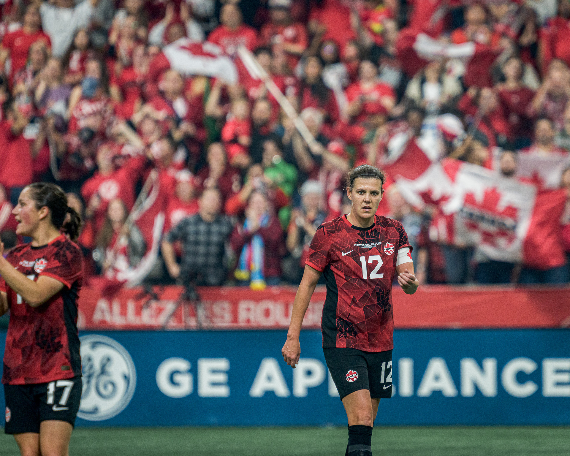 Solitary portrait of Christine Sinclair walking on the pitch at BC Place during her final game for Canada.