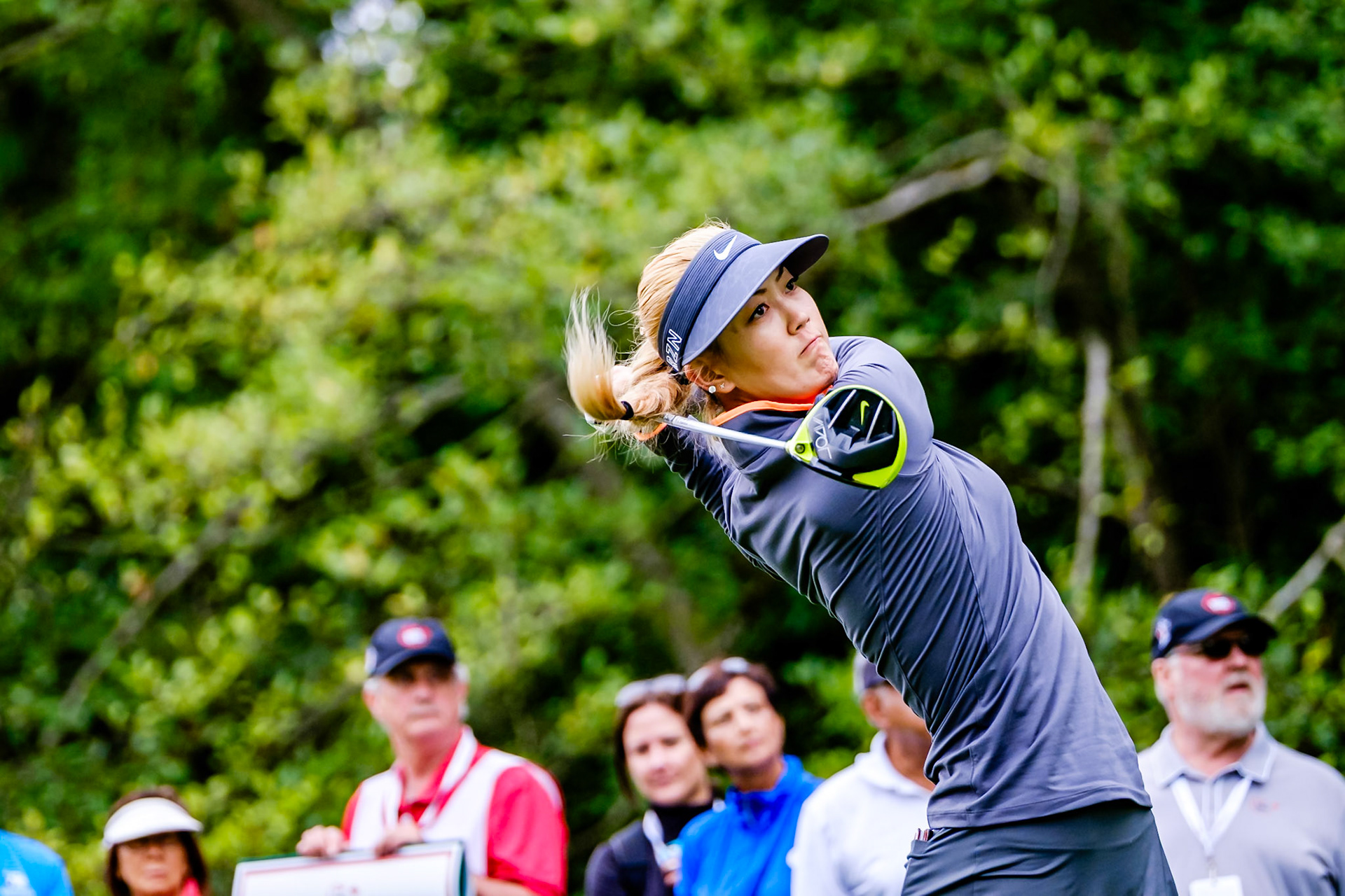 Michelle Wie watches her drive during the first round of the LPGA 2015 Canadian Pacific Women’s Open at the Vancouver Golf Club in Coquitlam, B.C. on August 20, 2015.