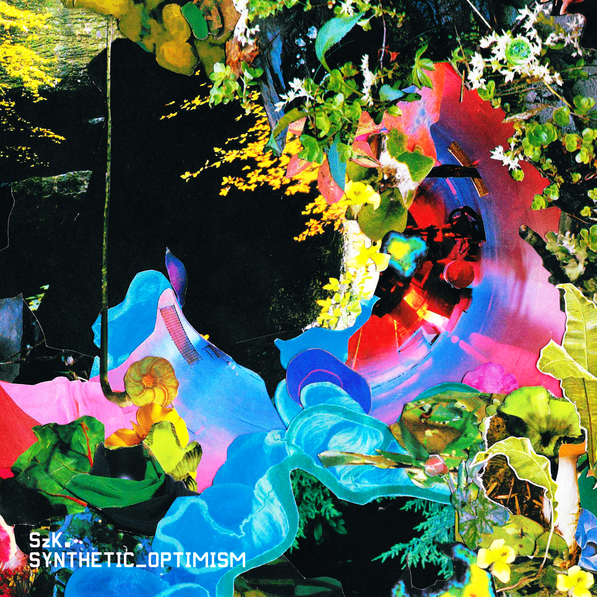 The album cover for "synthetic_optimism," using the artwork by Anya Sheldon, and the lettering I designed.
