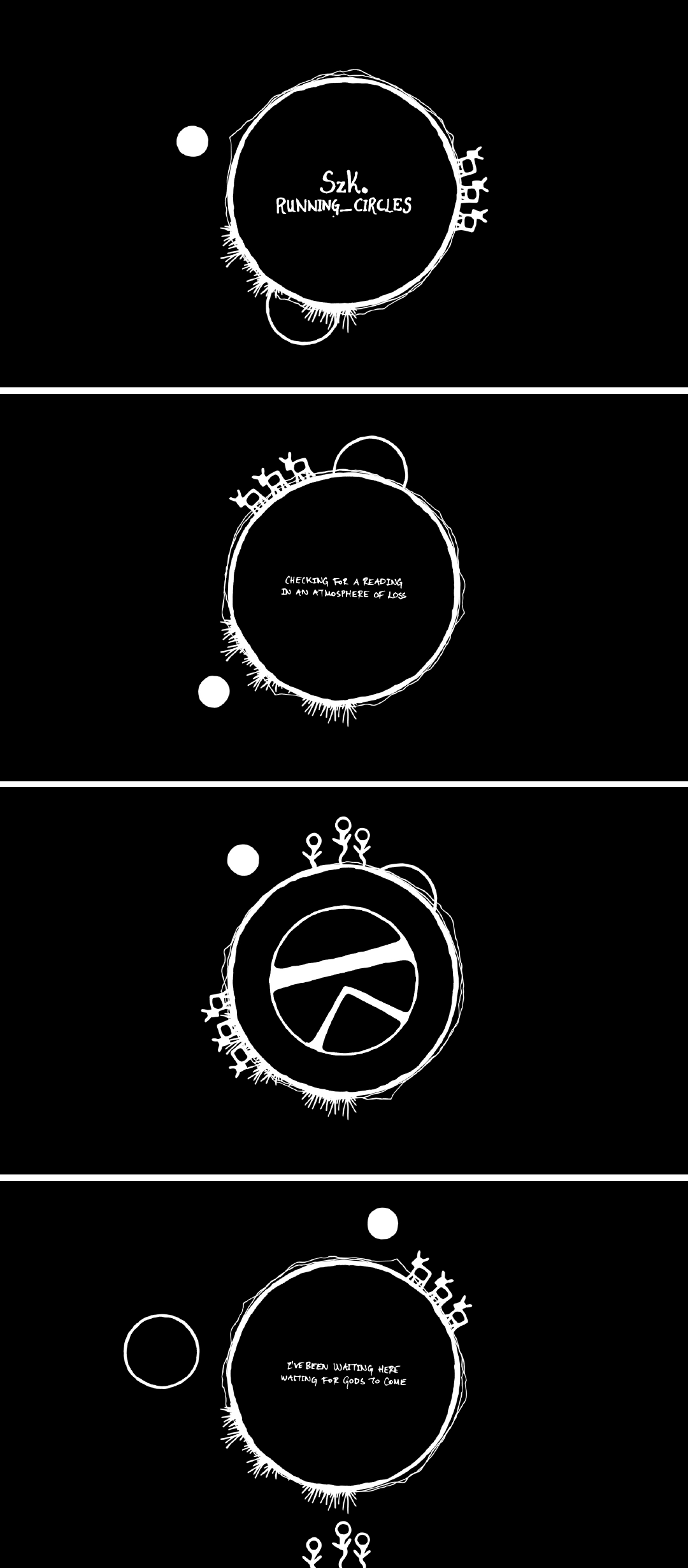 Stills from the lyric video for a single, "running_circles". The hand drawn elements allude to the themes that appear throughout the album: escaping a mechanical existence, and finding the self in nature and the cosmos.