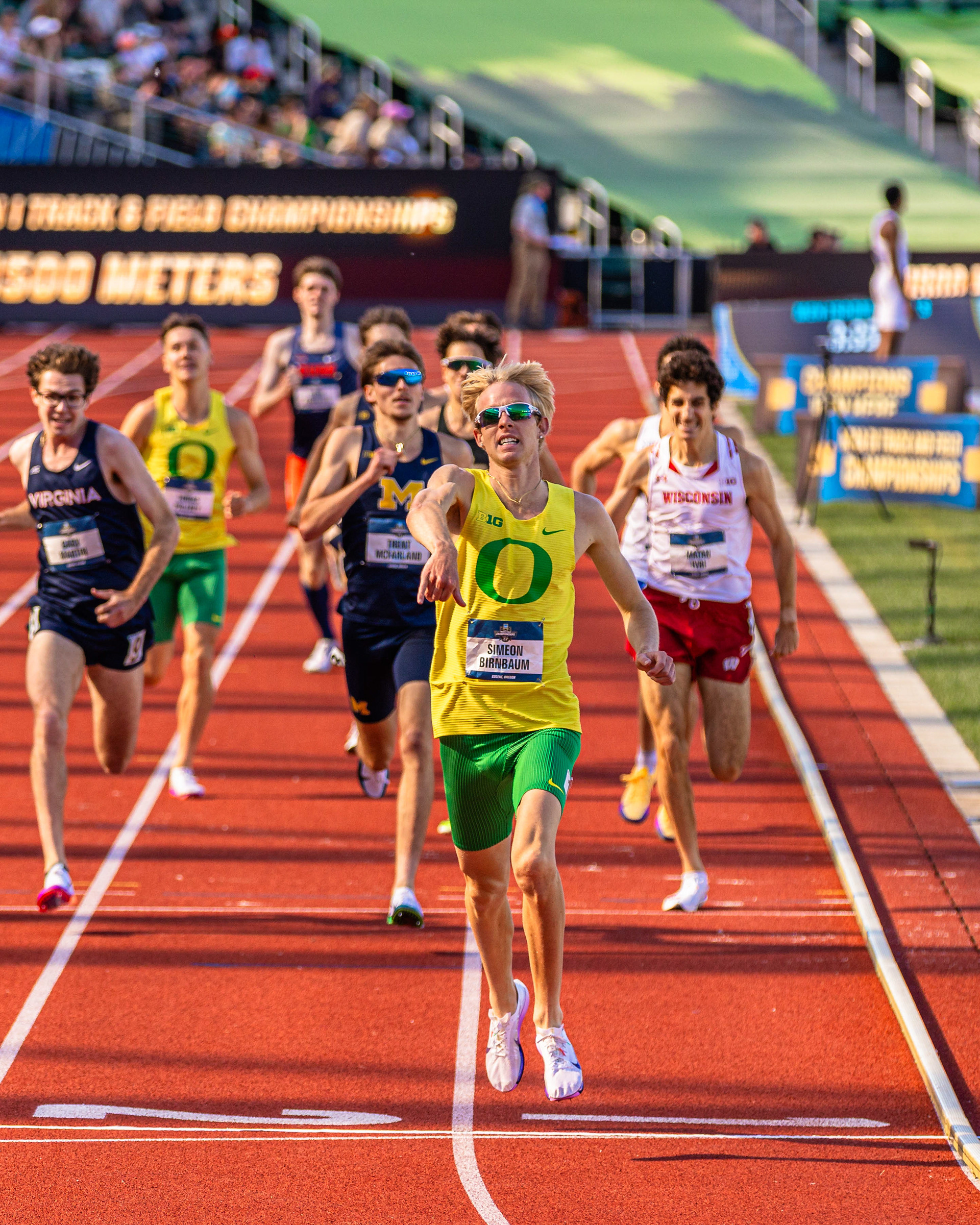 Oregon's Simeon Birnbaum "Hangs up the phone" as he wins the NCAA 1500m National Title  
