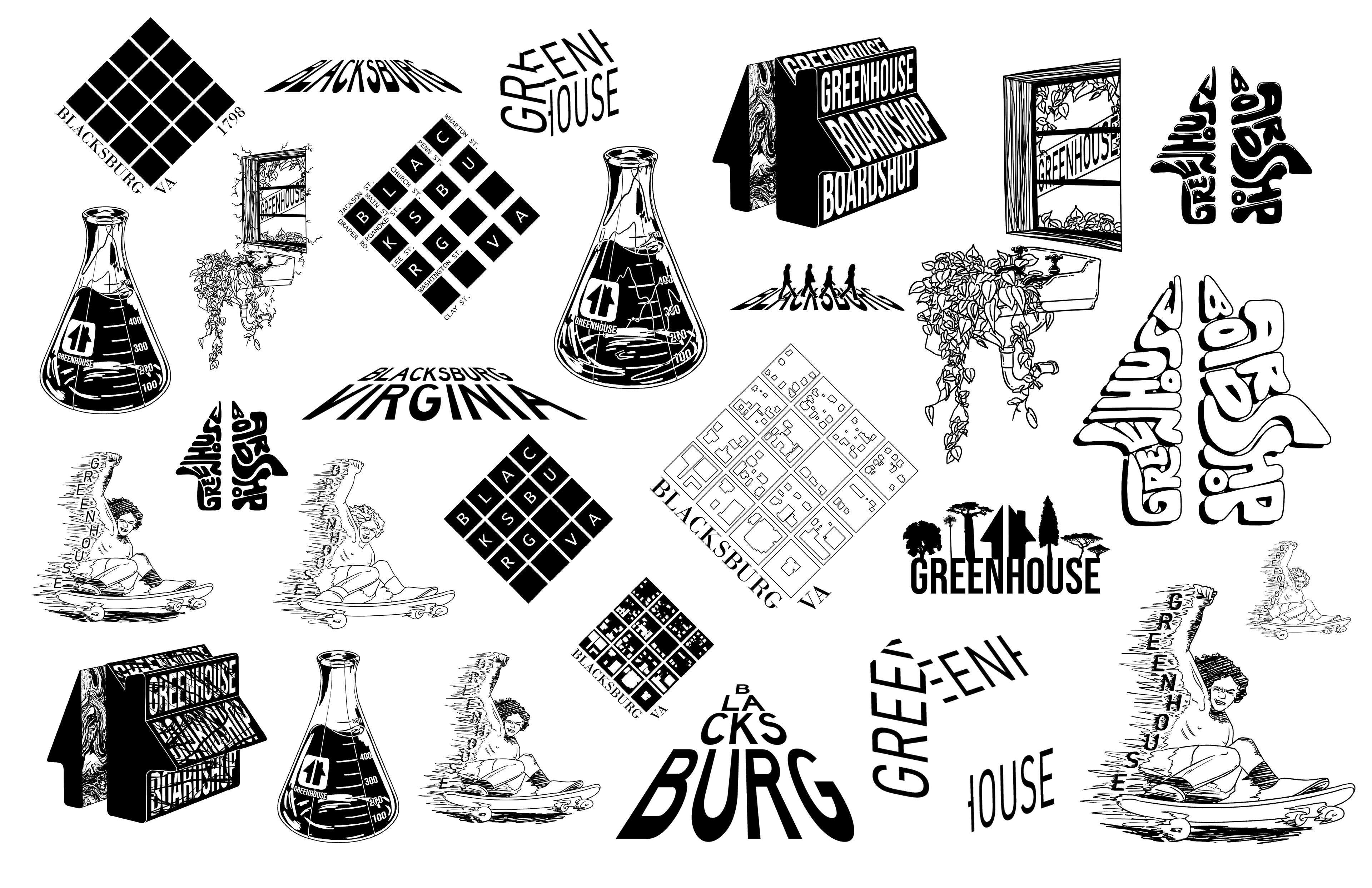 Designs for a t-shirt competition for Greenhouse Boardshop in Blacksburg, VA. 2021.