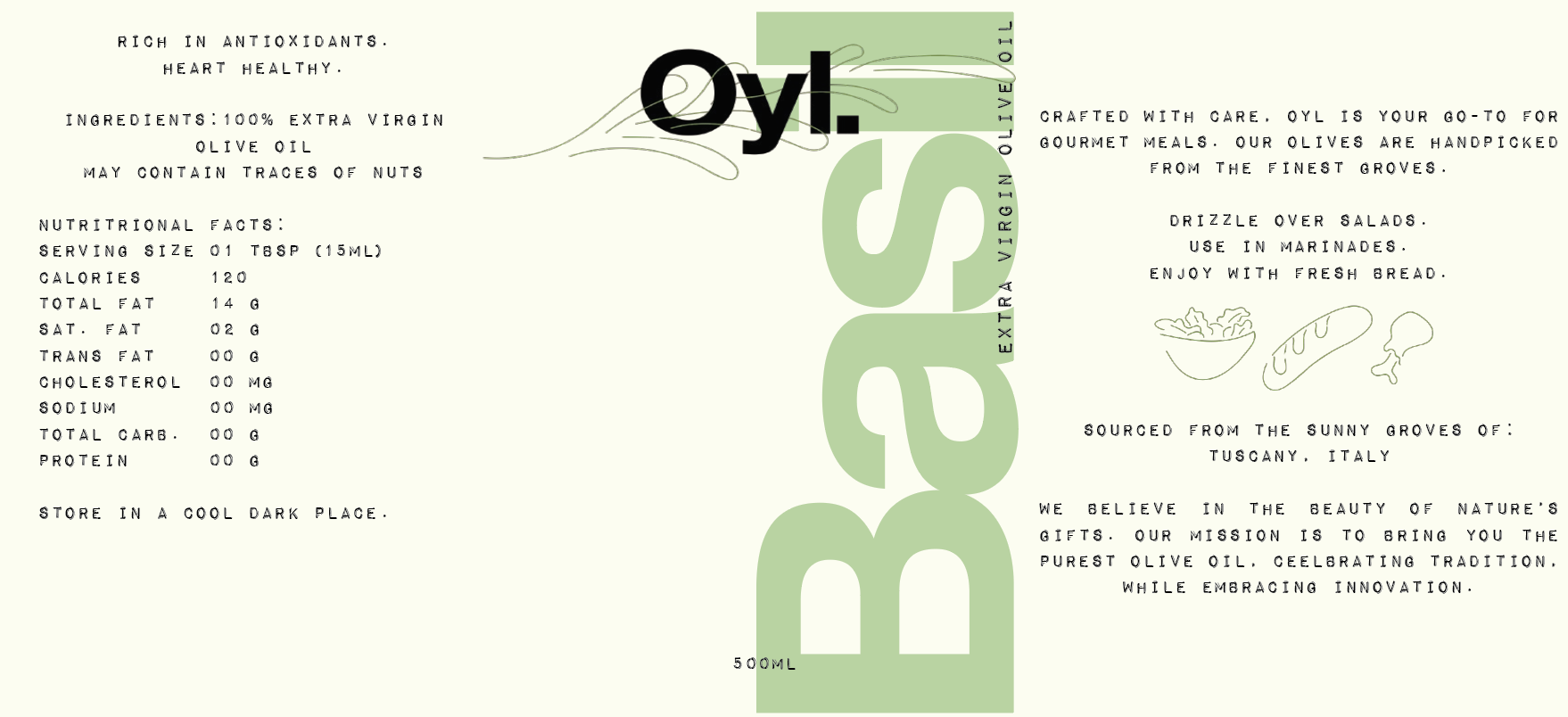 Package design work for olive oil brand company- 'Oyl.'