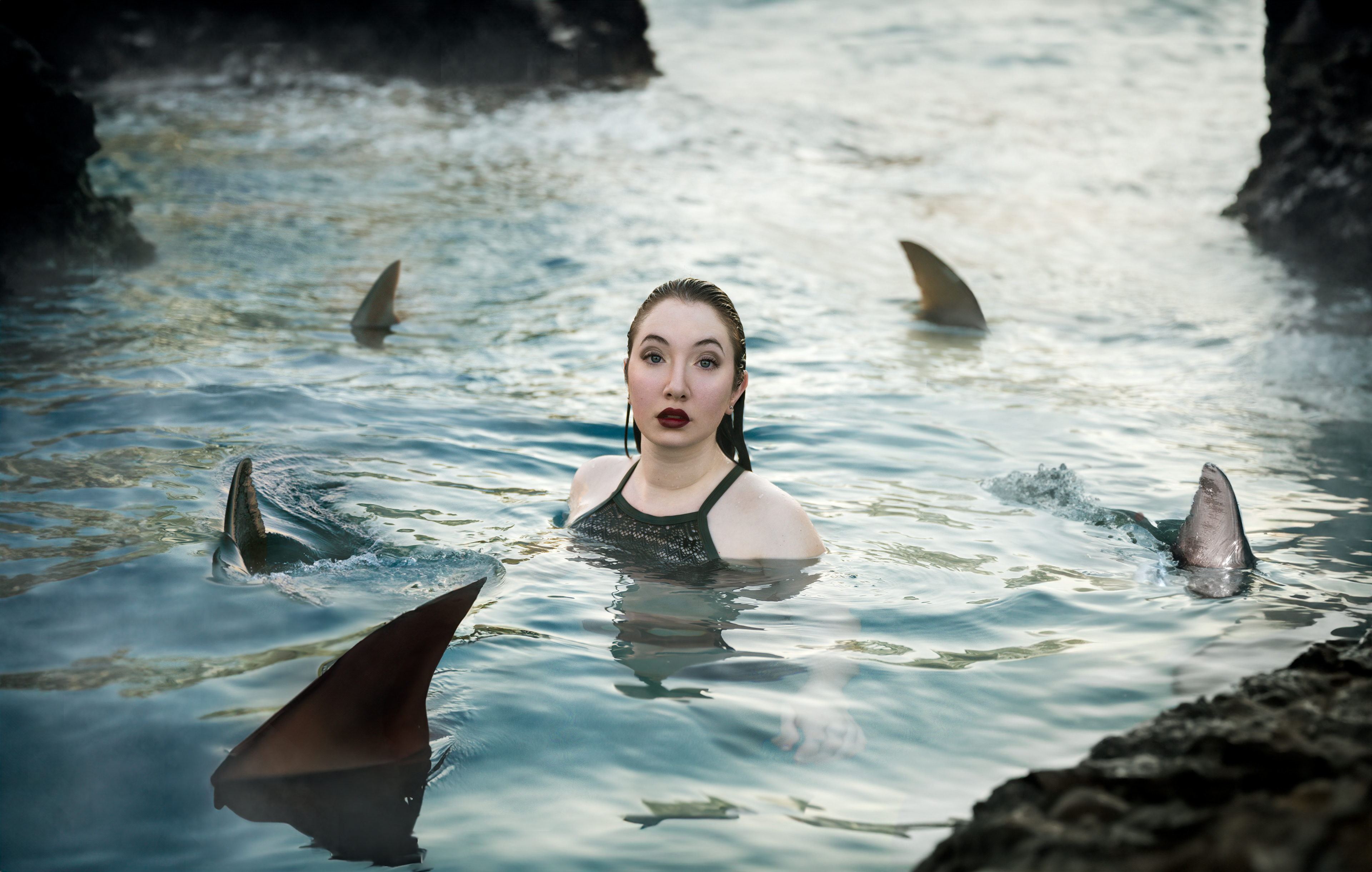 "Lady of the Sharks"- this image is inspired by the love of sharks. Is she afraid, or is she just among them? That's up to interpretation. 