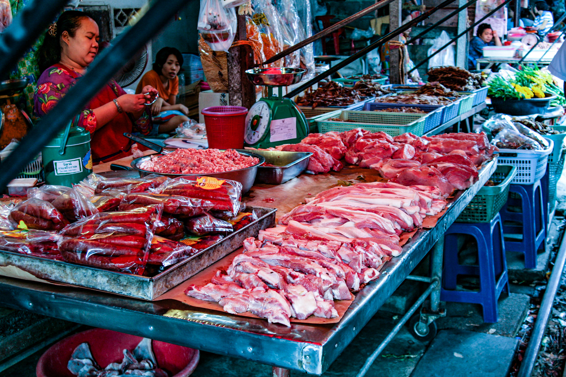 Large quantities of meats are prepared ready for cooking.
