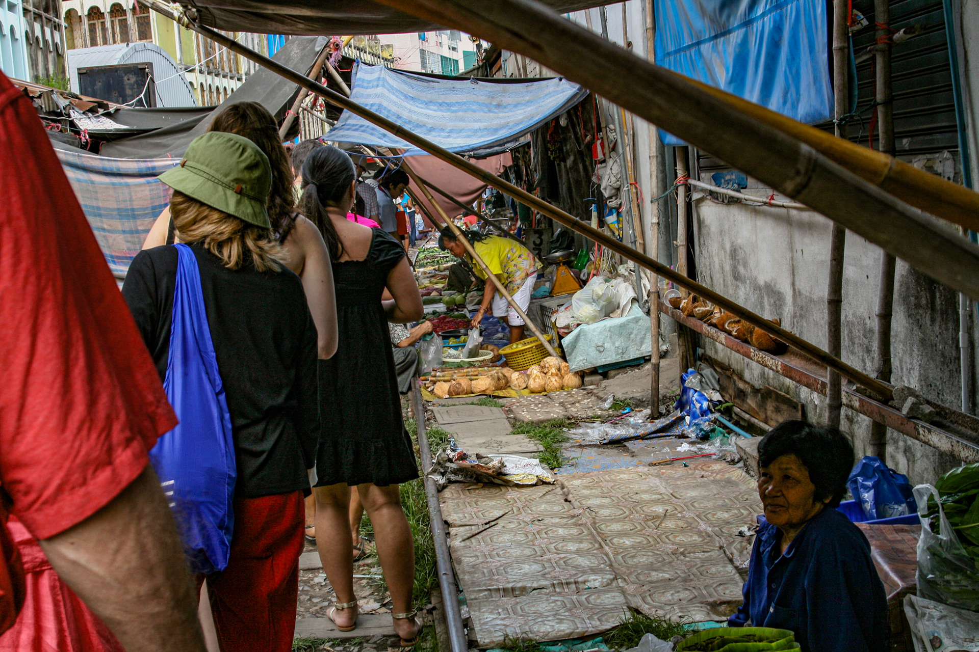 The famous Maeklong Railway Market or folding umbrella market at Maeklong, Thailand 
