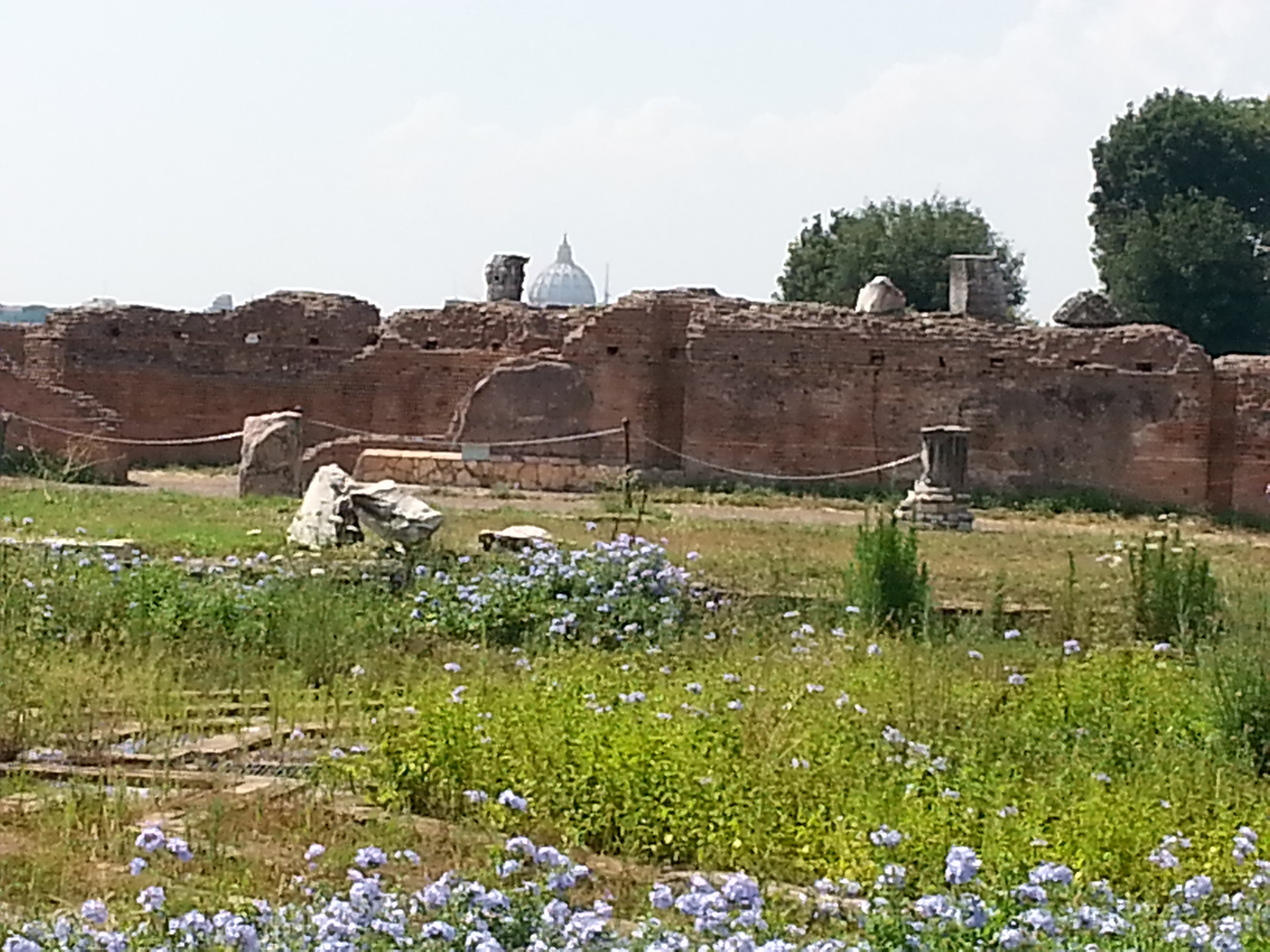 The Palatine Hill is a big, sprawling open-air museum. There are emperors' palaces, manicured gardens, medieval churches, and a terrace overlooking the Forum and beyond. The dome of St. Peter's Basilica is visible beyond the hill. 