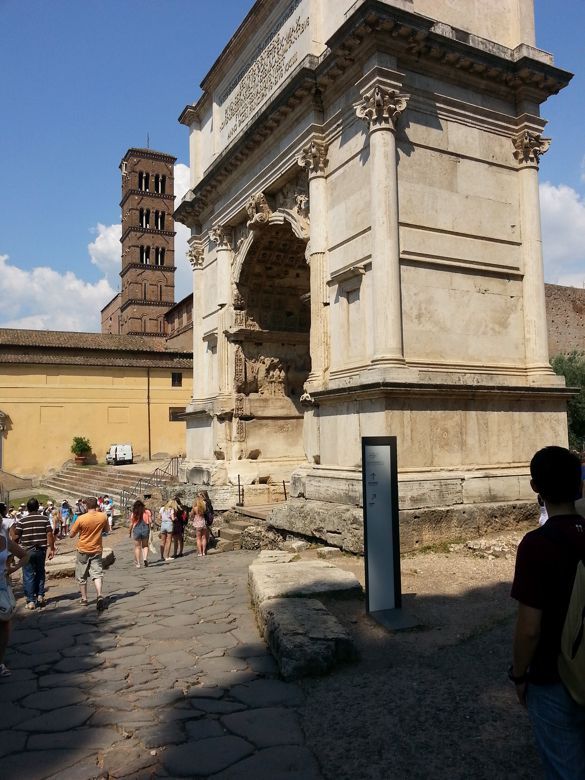 The Arch of Titus (Italian: Arco di Tito; Latin: Arcus Titi) is a 1st-century AD honorific arch, located on the Via Sacra, Rome, just to the south-east of the Roman Forum. It was constructed in c. 81 AD by the Emperor Domitian shortly after the death of his older brother Titus to commemorate Titus's official deification or consecration and the victory of Titus together with their father, Vespasian, over the Jewish rebellion in Judaea. 