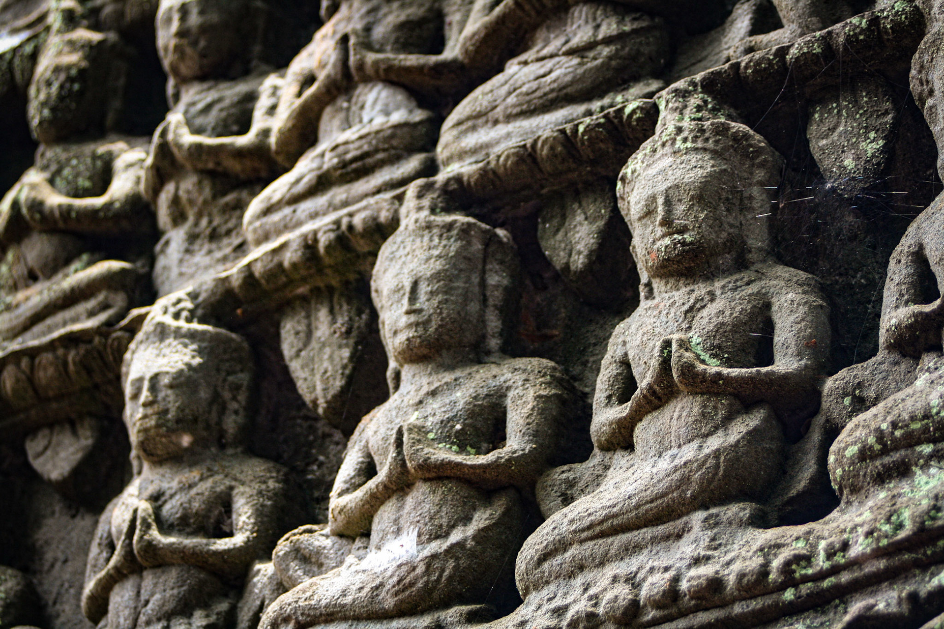 Ta Prohm does not have as many narrative bas-reliefs as Angkor Wat or Angkor Thom, but some depictions of scenes from Buddhist mythology do remain. The temple also features stone reliefs of devatas (minor female deities), meditating monks or ascetics, and dvarapalas or temple guardians. 