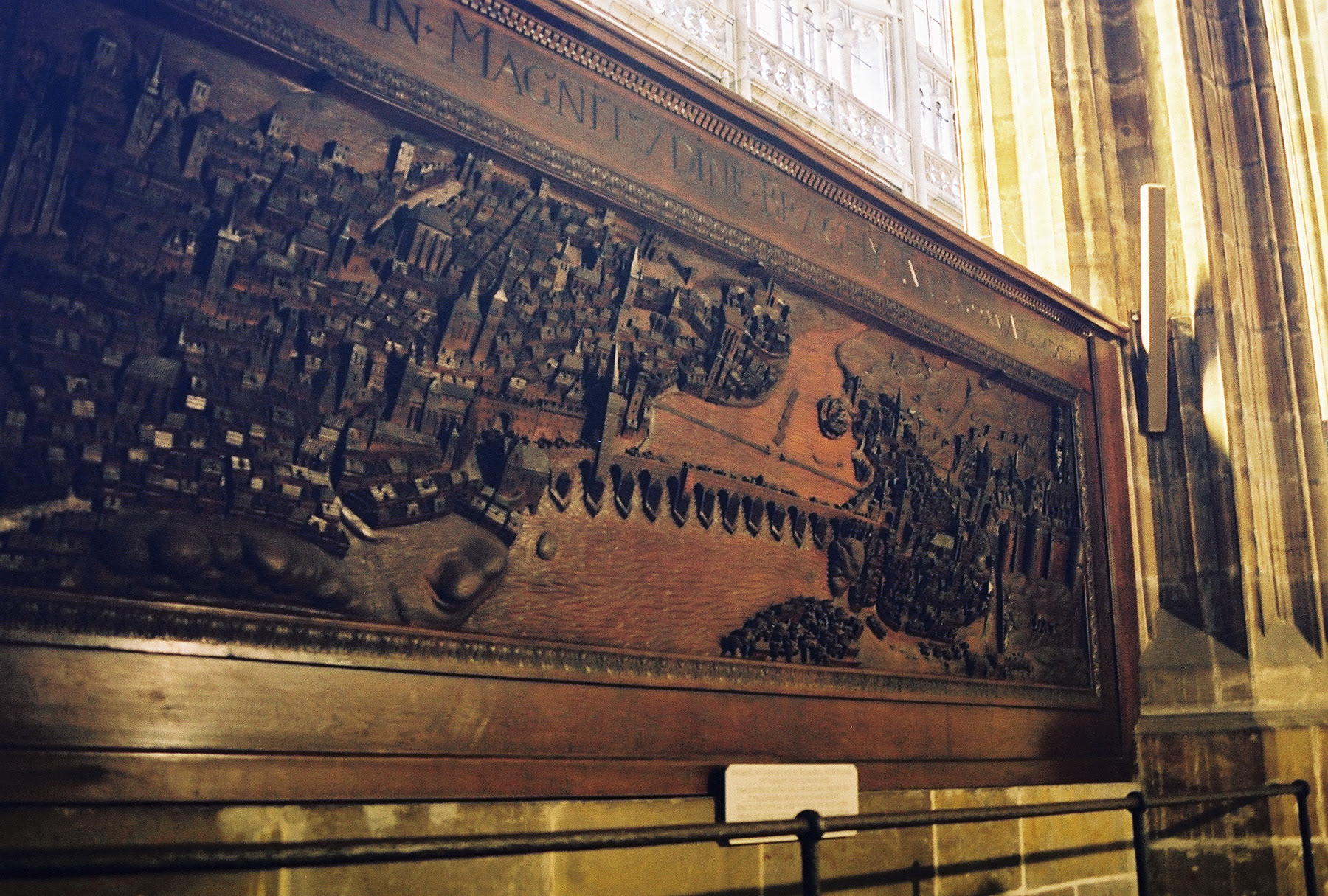 Wooden carving of Prague in the Saint Vitus Cathedral in Prague, Czech Republic 