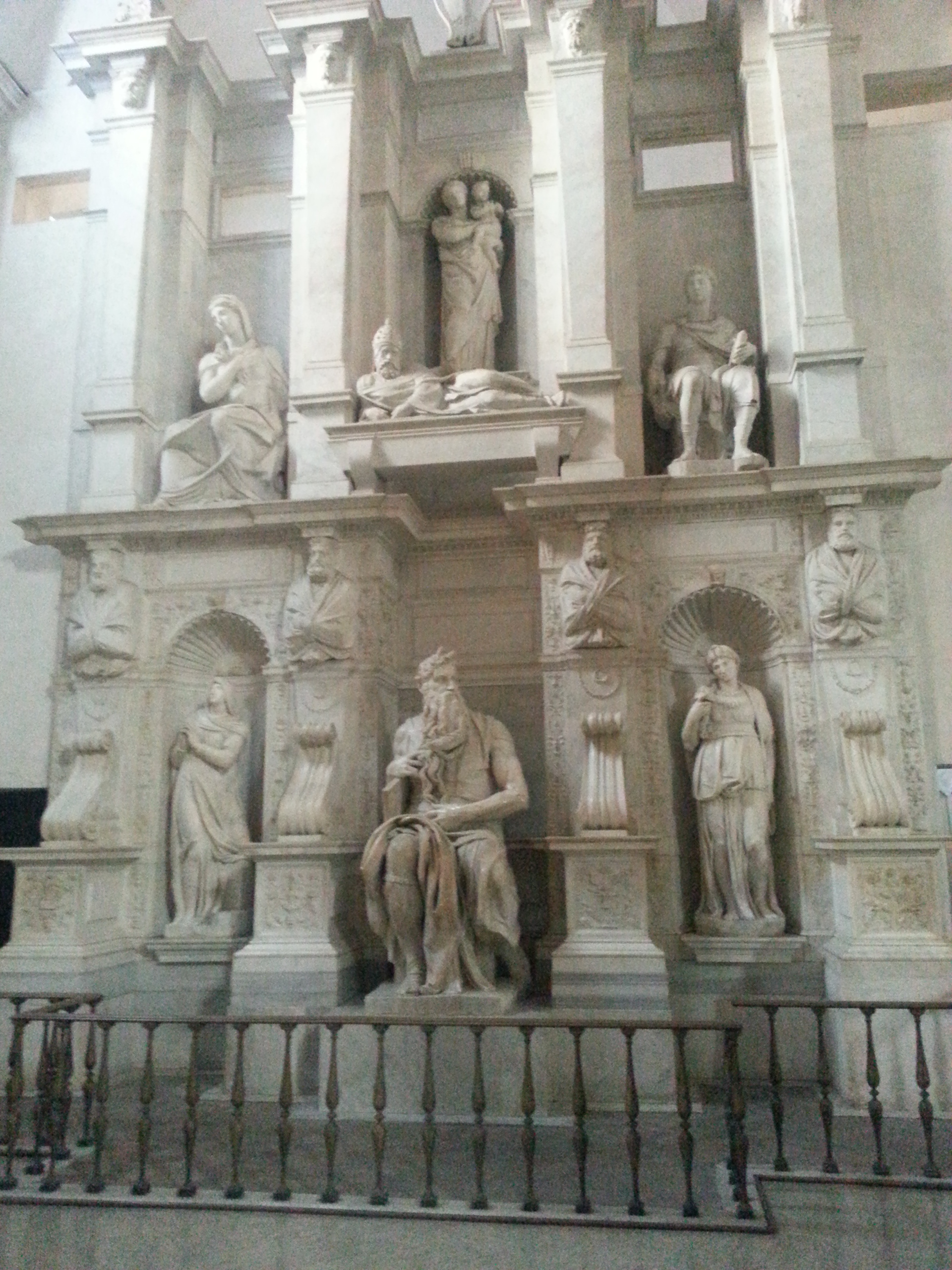 Moses (Italian: Mosè c. 1513–1515) is a sculpture by the Italian High Renaissance artist Michelangelo Buonarroti, housed in the church of San Pietro in Vincoli in Rome. Commissioned in 1505 by Pope Julius II for his tomb, it depicts the biblical figure Moses with horns on his head, based on a description in chapter 34 of Exodus in the Vulgate, the Latin translation of the Bible used at that time. 