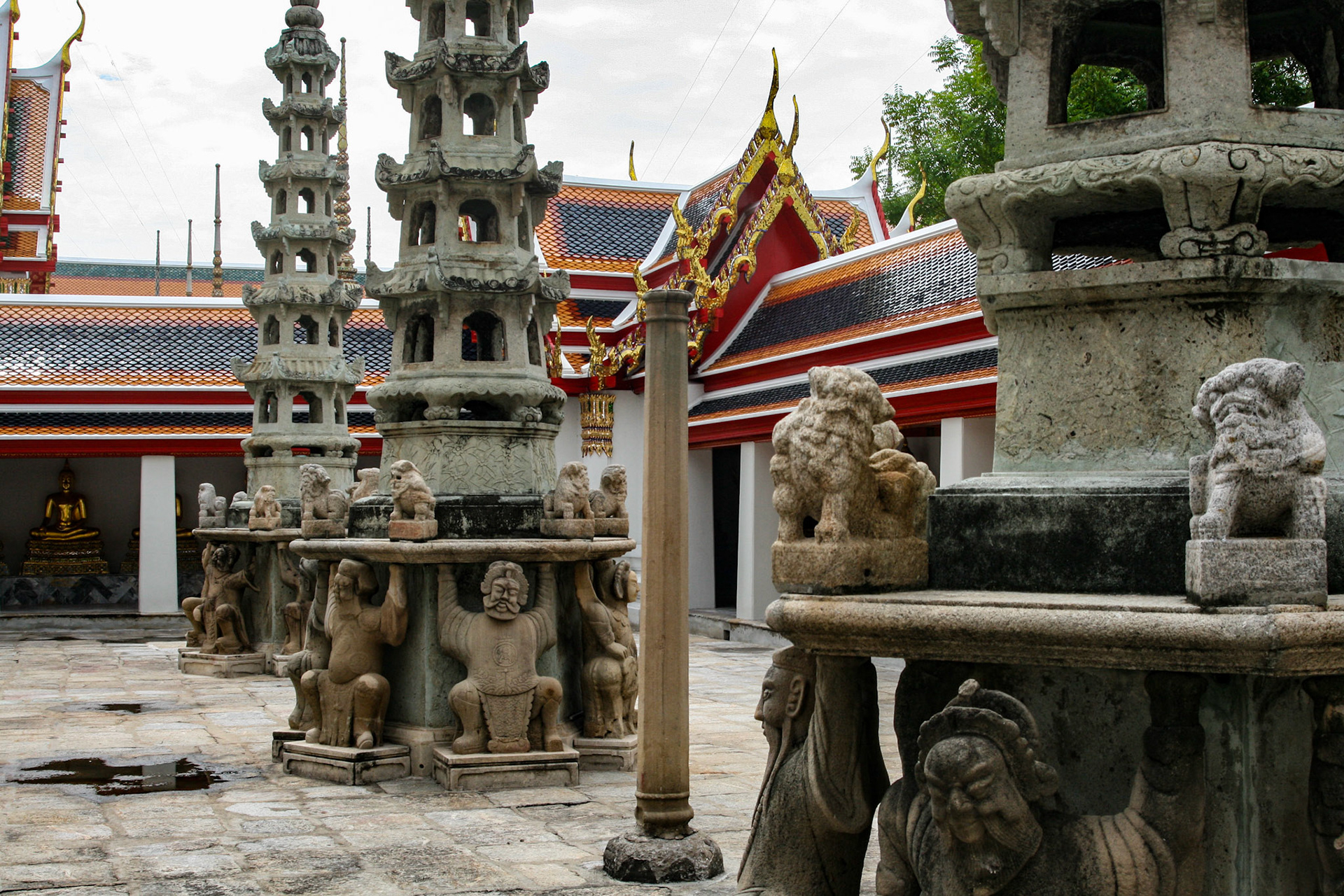 Pagoda structures in courtyard.
