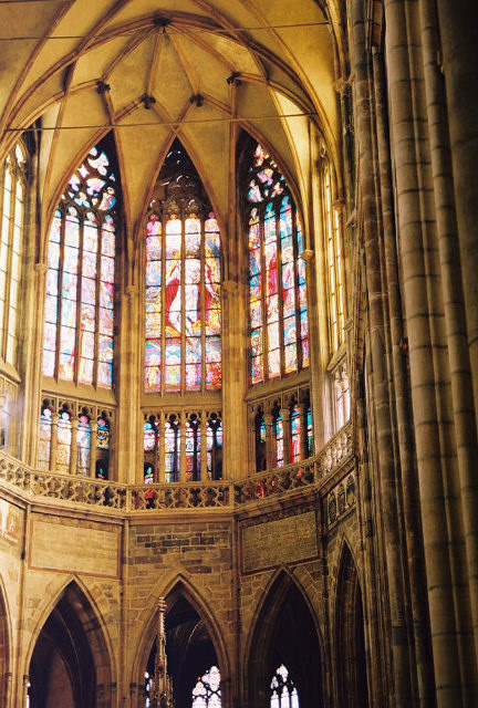 St. Vitus Cathedral stained glass above altar.