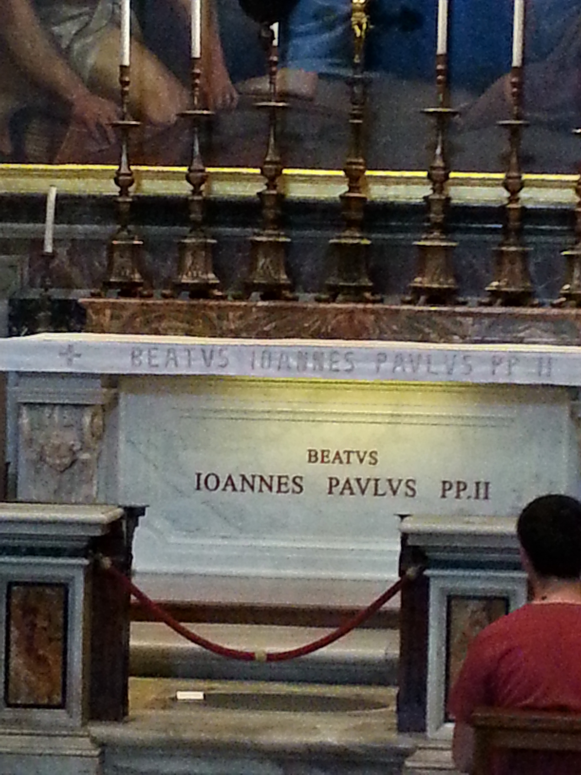 Altar of St Sebastian - Under the altar are the remains of Pope St John Paul II, which were moved to the chapel in 2011.  John Paul was the second longest serving pope, from 16 October 1978 until 2 April 2005. He was beatified 1 May 2011 and canonized 27 April 2014. Upon his death, the pope was first buried in the Grottoes under St Peter's. 