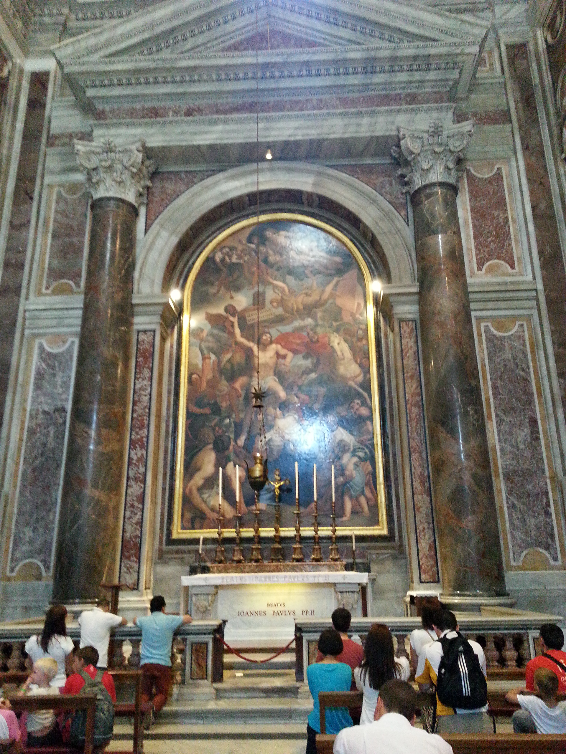 Altar of St Sebastian - Under the altar are the remains of Pope St John Paul II, which were moved to the chapel in 2011.  John Paul was the second longest serving pope, from 16 October 1978 until 2 April 2005. He was beatified 1 May 2011 and canonized 27 April 2014. Upon his death, the pope was first buried in the Grottoes under St Peter's. 