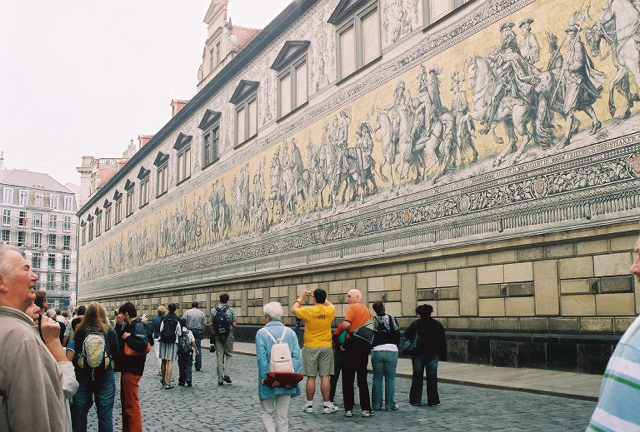 The Fürstenzug (Procession of Princes) mural at the outer wall of the Stallhof (Stables Courtyard) of Dresden Castle