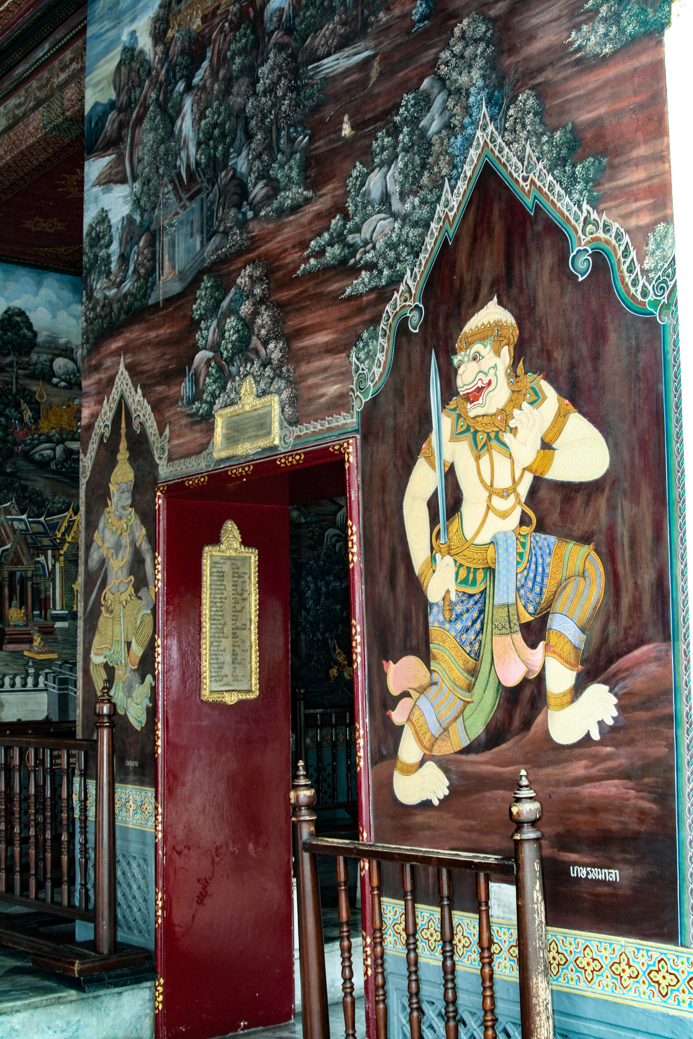 Traditional Thai Monkey action painting in story Ramayana at Wat Phra Kaew Bangkok, Thailand. 