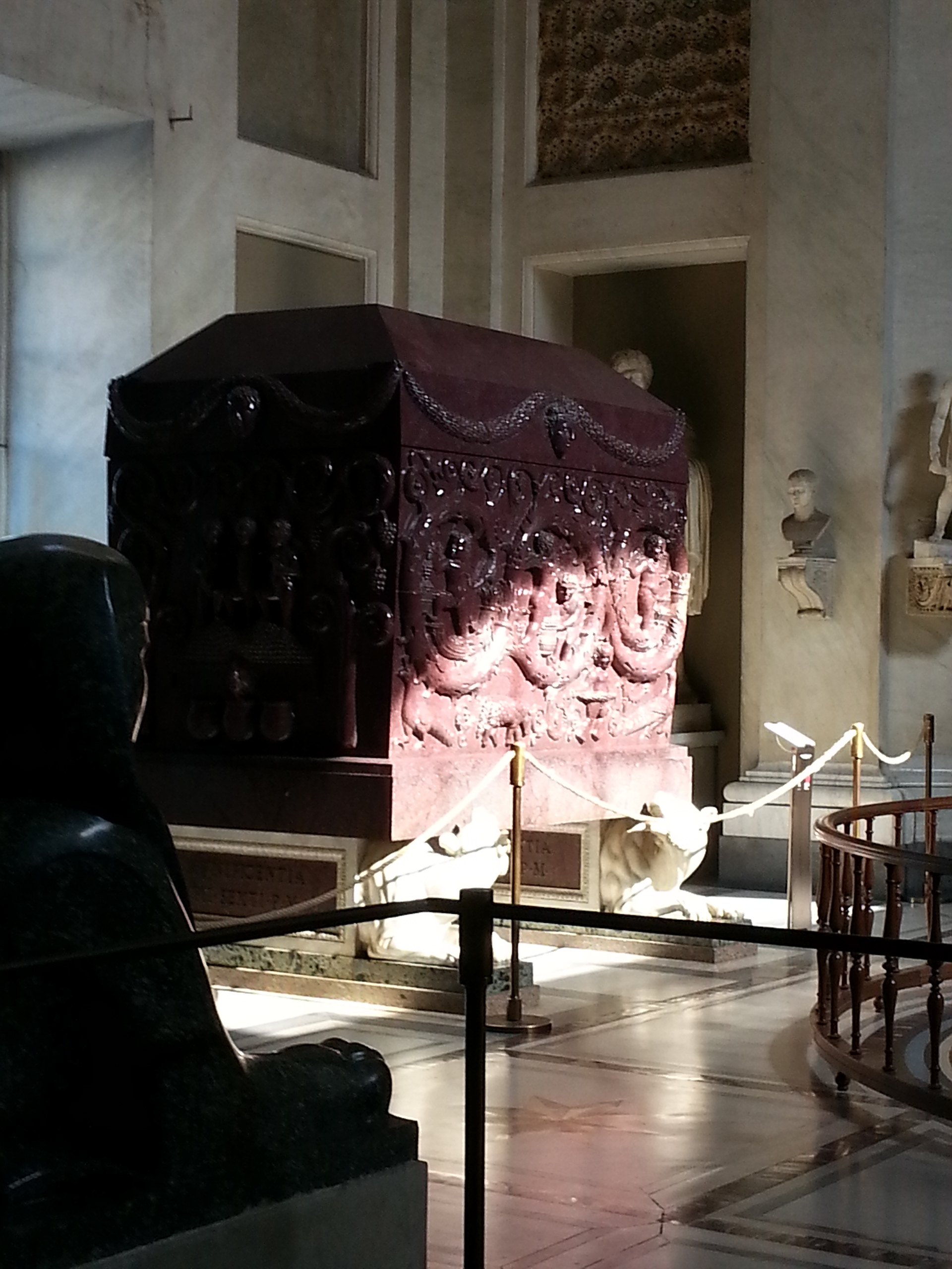 Sarcophagus of Constantia made from red porphyry in Greek Cross Hall (Sala a Croce Greca), Museo Pio Clementino, Vatican Museums, Rome, Italy 