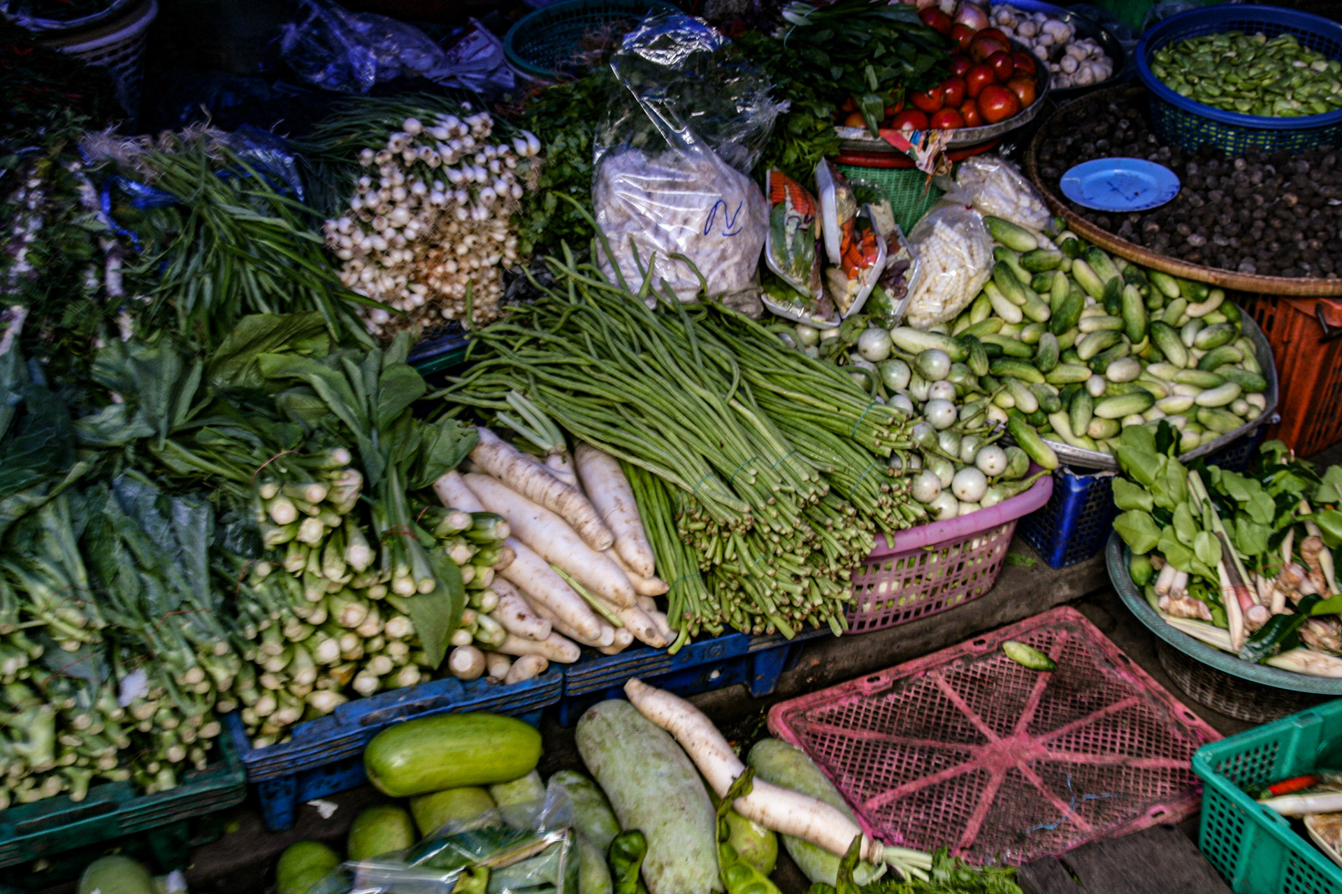 Bountiful harvests of vegetables and greens adorn table tops. 