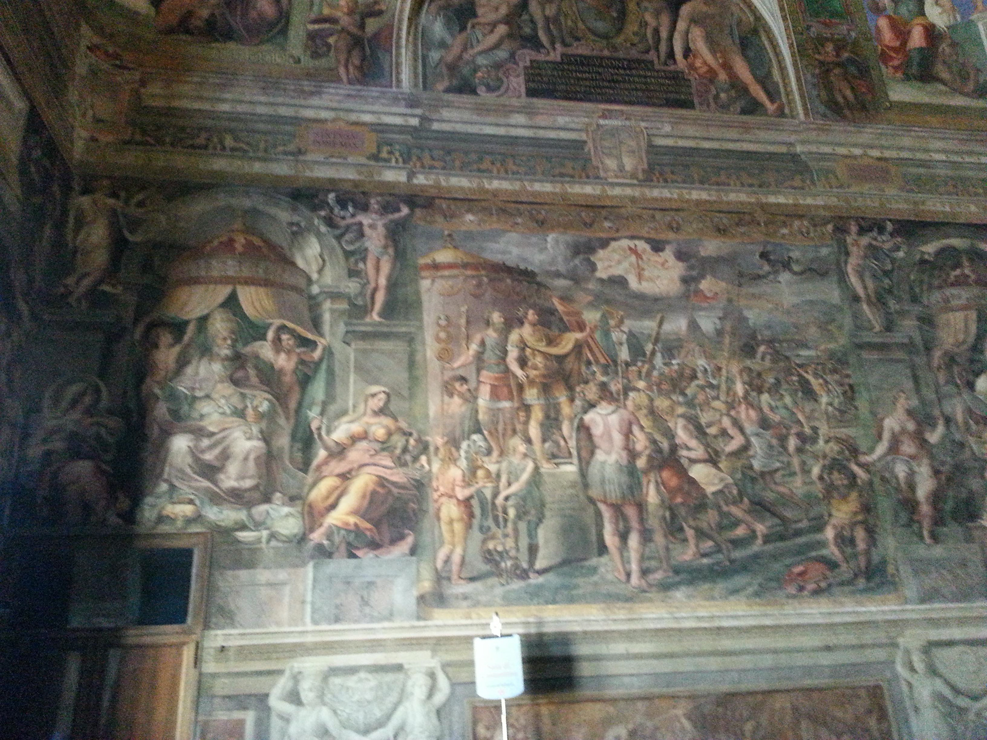 The Hall of Constantine - The Vision of the Cross is a painting made between 1520 and 1524 by assistants of the Italian renaissance artist Raphael. After the master's death in 1520, Gianfrancesco Penni, Giulio Romano and Raffaellino del Colle from Raphael's workshop worked together to finish the commission to decorate with frescoes the rooms that are now known as the Stanze di Raffaello, in the Apostolic Palace in the Vatican. 