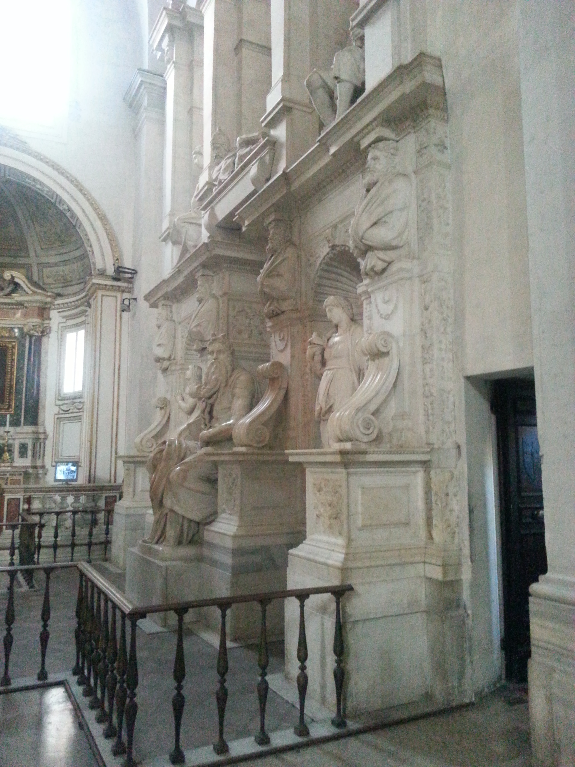 Moses (Italian: Mosè c. 1513–1515) is a sculpture by the Italian High Renaissance artist Michelangelo Buonarroti, housed in the church of San Pietro in Vincoli in Rome. Commissioned in 1505 by Pope Julius II for his tomb, it depicts the biblical figure Moses with horns on his head, based on a description in chapter 34 of Exodus in the Vulgate, the Latin translation of the Bible used at that time. 