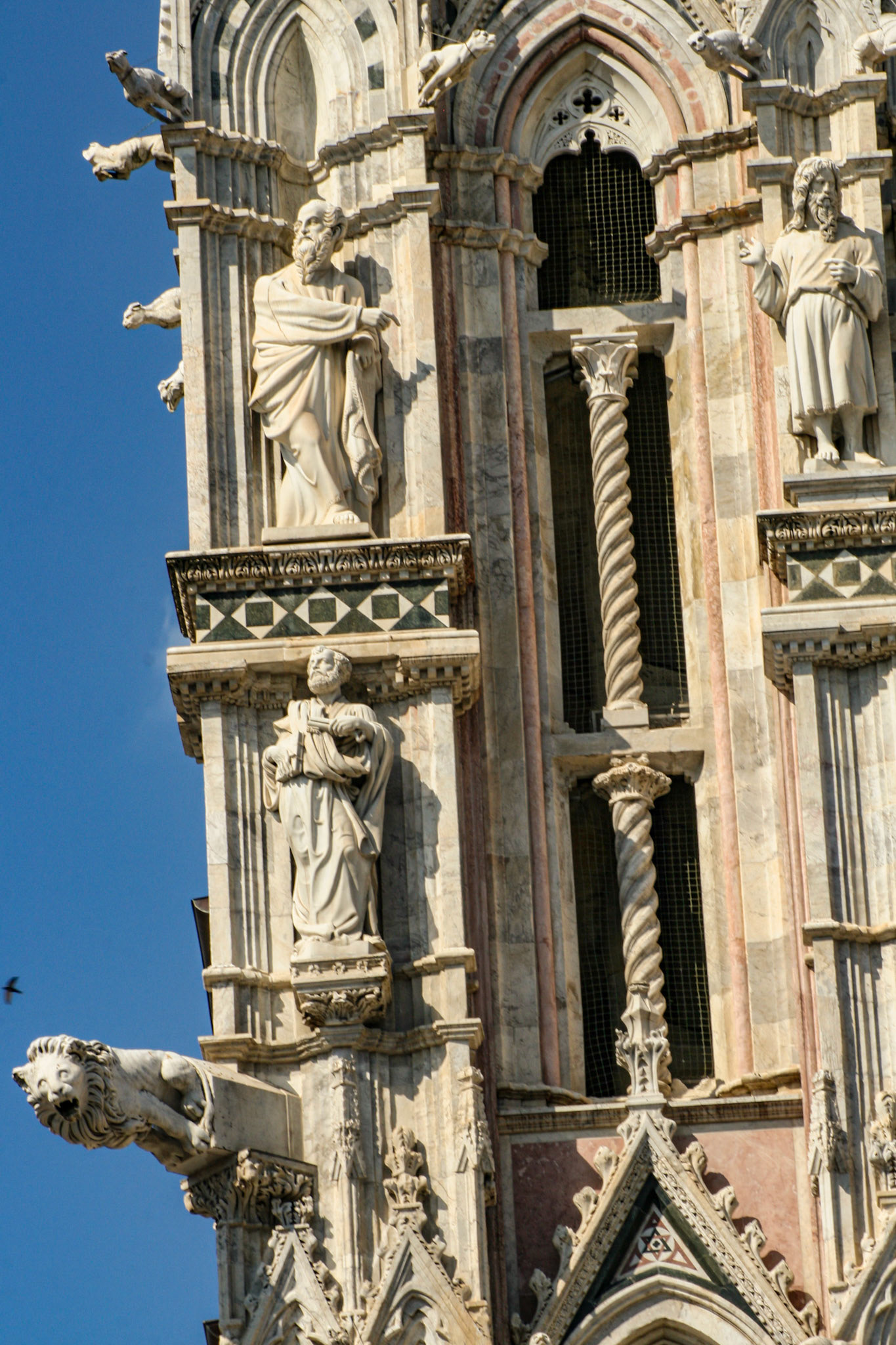 Gargoyles and saints on facade of Siena Cathedral, Siena, Tuscany, Italy 