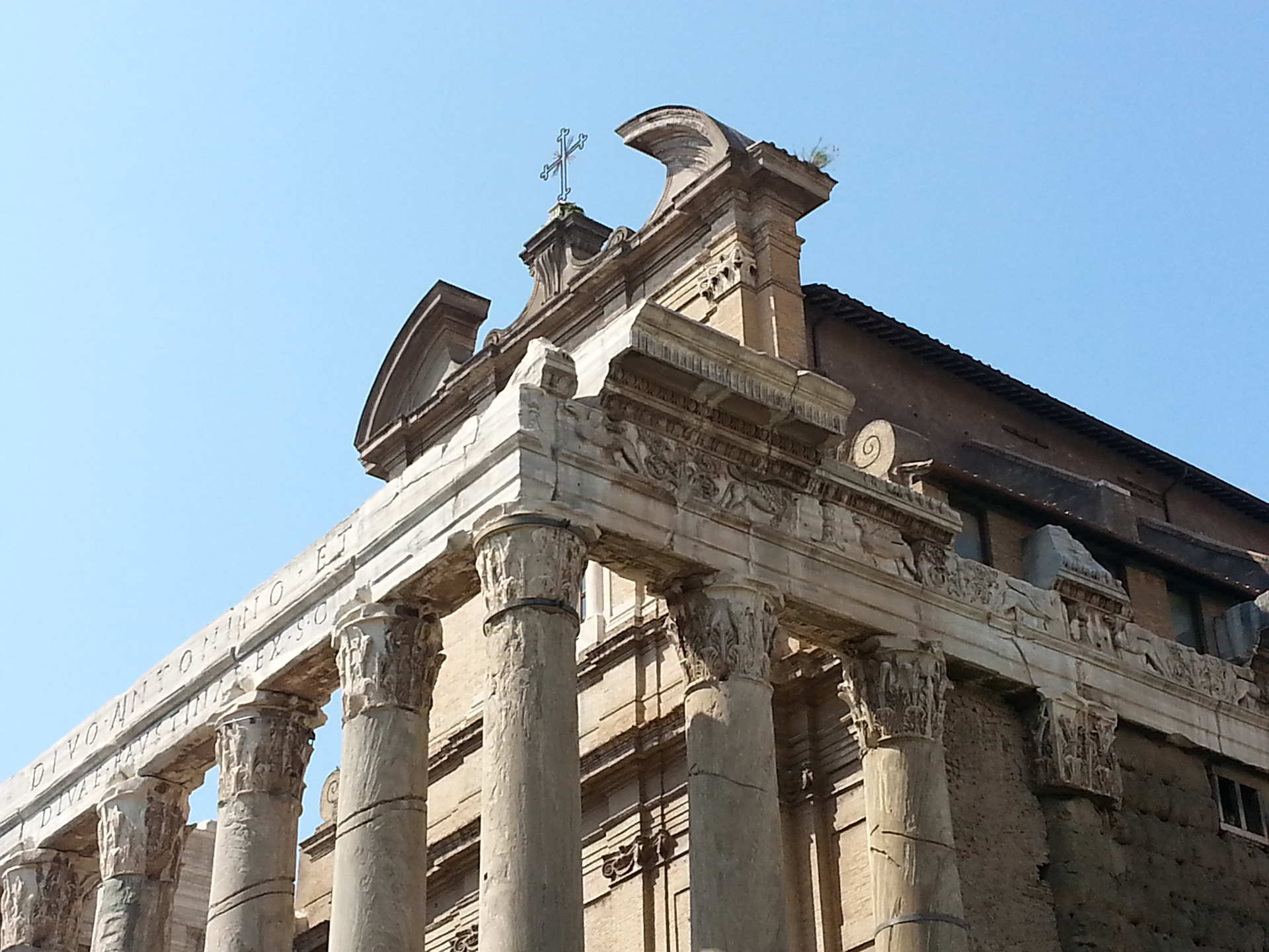 The Temple of Antoninus and Faustina first honored the deified empress (Faustina), who predeceased her husband (Antoninus) in 141 A.D.  After his own death and deification, the temple's cult expanded to included him. 