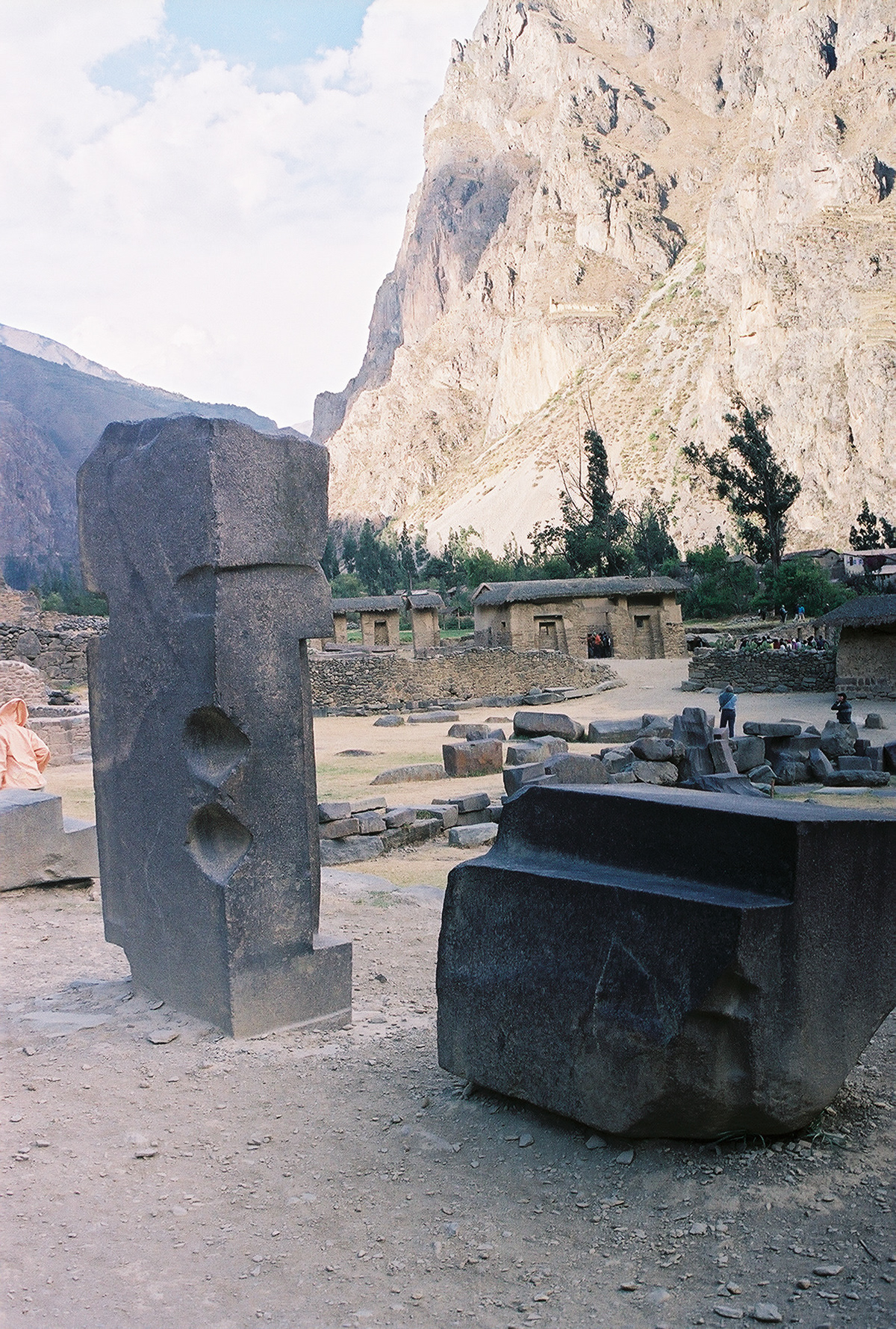 Construction included existing rock, the small valley itself, and the mountain. Fine masonry and well carved, well-polished stonework, all assembled without mortar.  