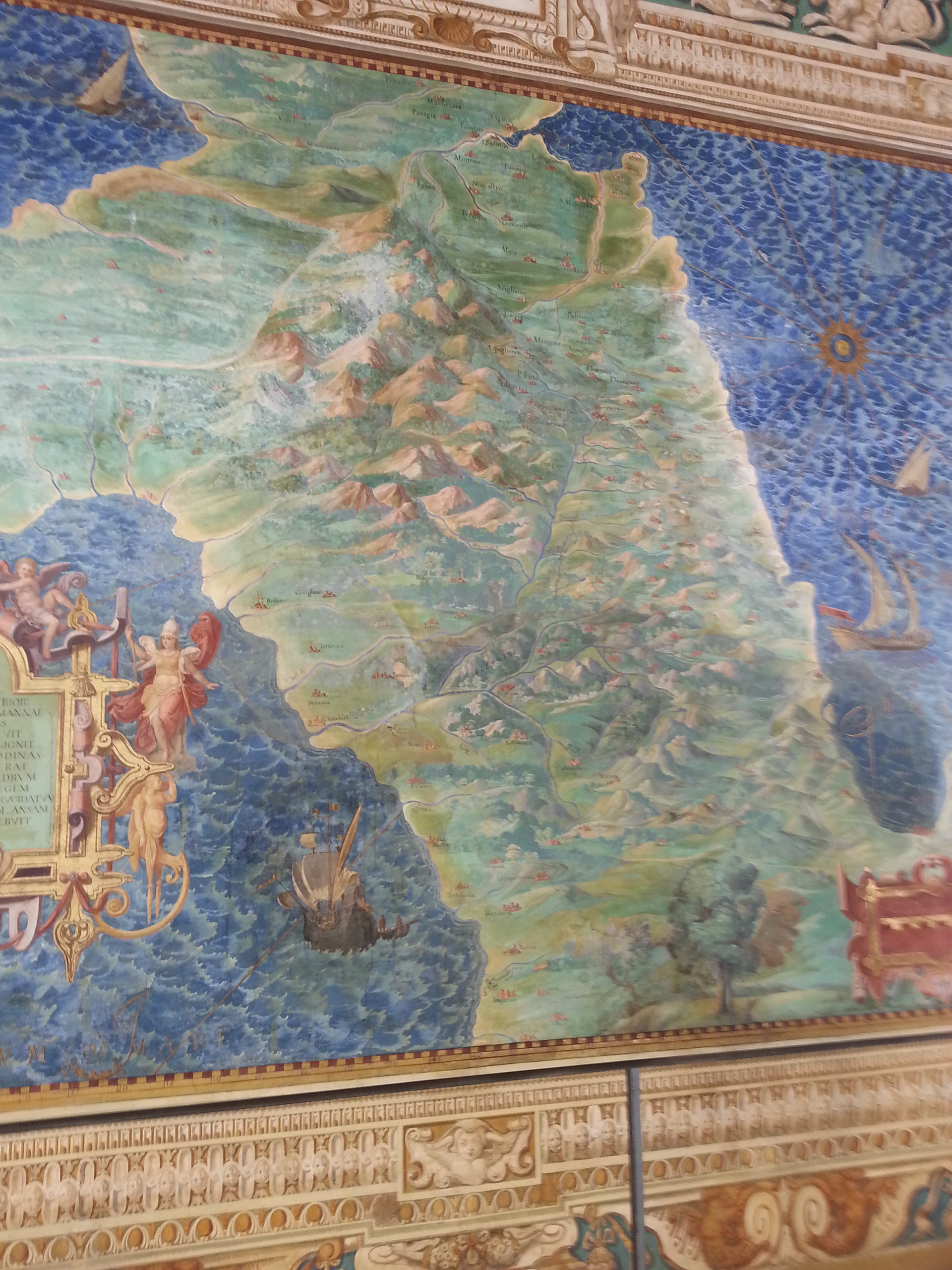 The amazing maps in the Galleria delle Carte Geografiche reflect the topography of Italy by Ignazio Danti frozen into the years 1580-5, with some fanciful decorative elements. 