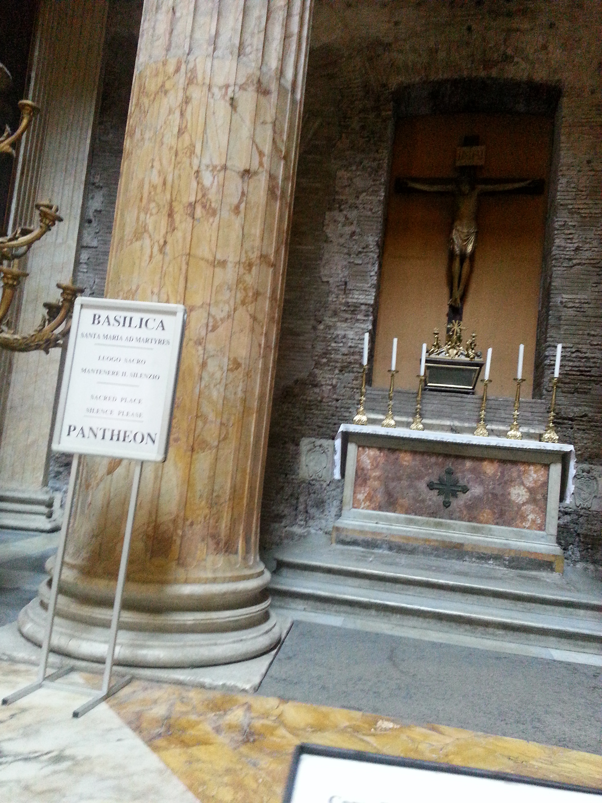 The fifth chapel of the Pantheon in Rome is nicknamed the Chapel of the Crucifix (in Italian, Cappella del Crocifisso), after the 16th-century wooden crucifix that adorns the altar. 