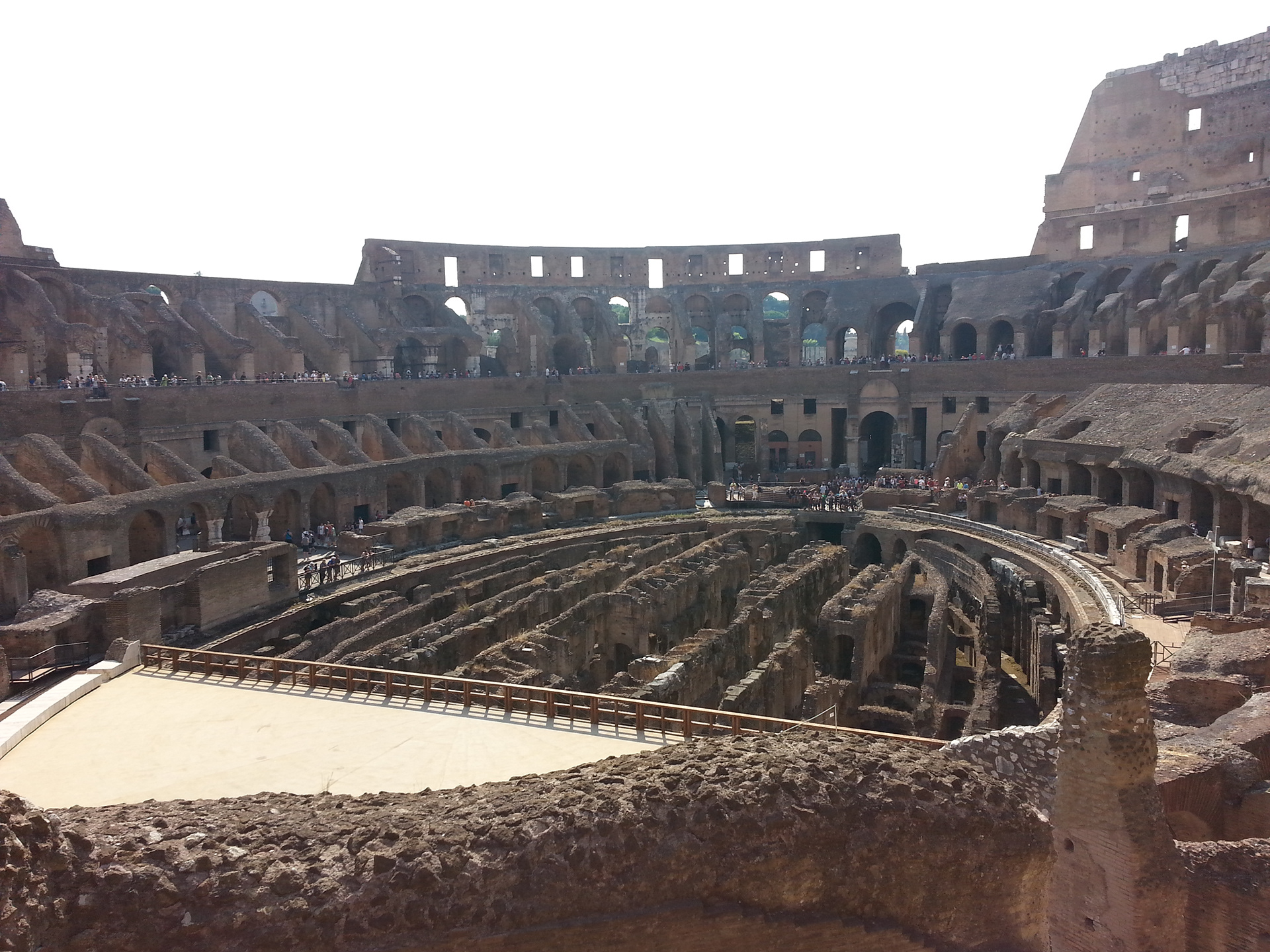The Colosseum is built of travertine limestone, tuff (volcanic rock), and brick-faced concrete. It could hold an estimated 50,000 to 80,000 spectators at various points in its history, having an average audience of some 65,000. 