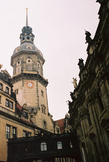 The Hausmannsturm of the Dresden Castle and the walkway connecting to the Hofkirche