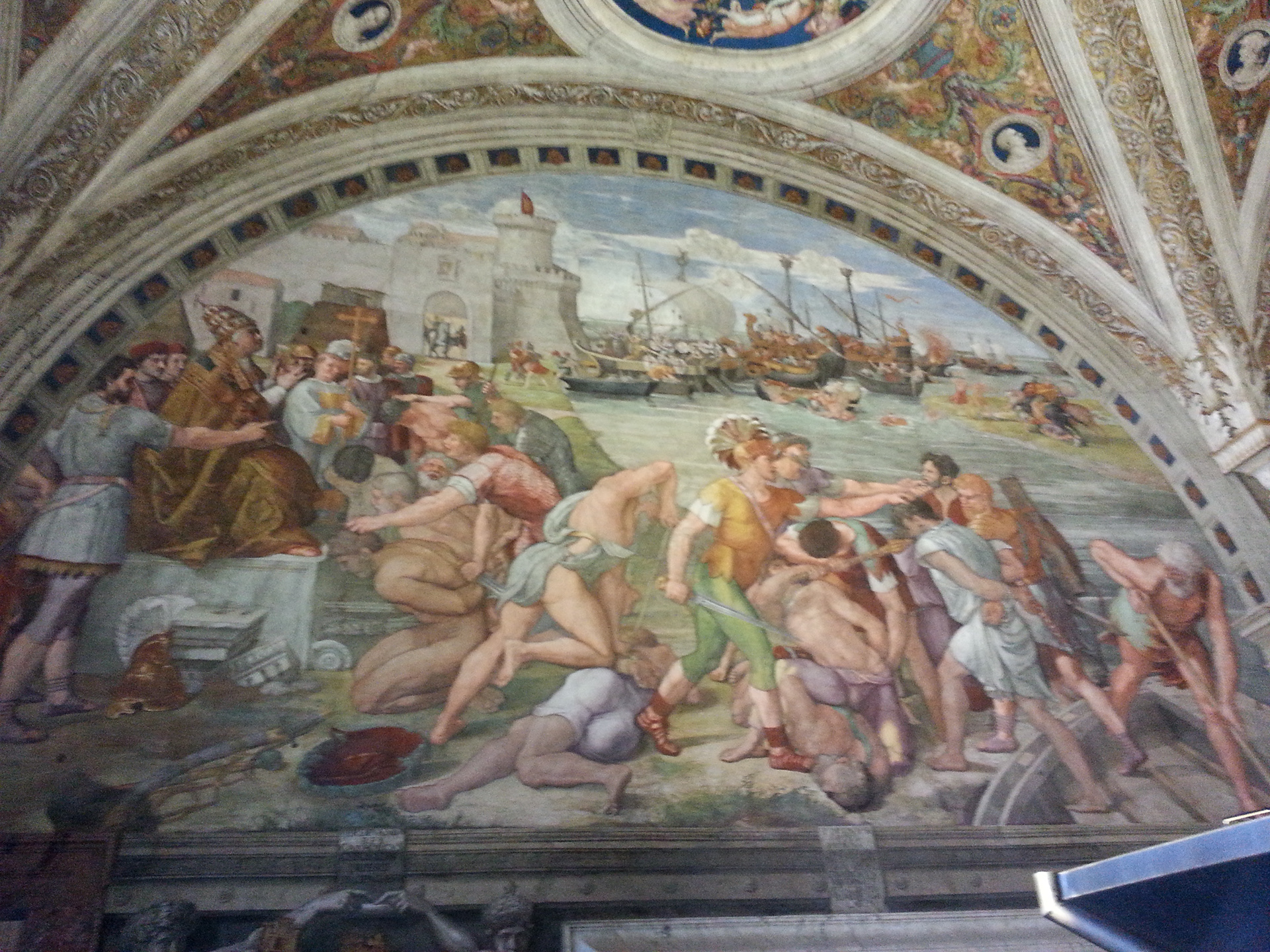 The naval Battle of Ostia took place in 849 in the Tyrrhenian Sea between Muslim army and an Italian league of Papal, Neapolitan, Amalfitan, and Gaetan ships. The battle ended in favor of the Italian league, as they defeated the pirates. It is one of the few events to occur in southern Italy during the ninth century that is still commemorated today, largely through the walls named after Leo and for the Renaissance painting Battaglia di Ostia by Raphael. 