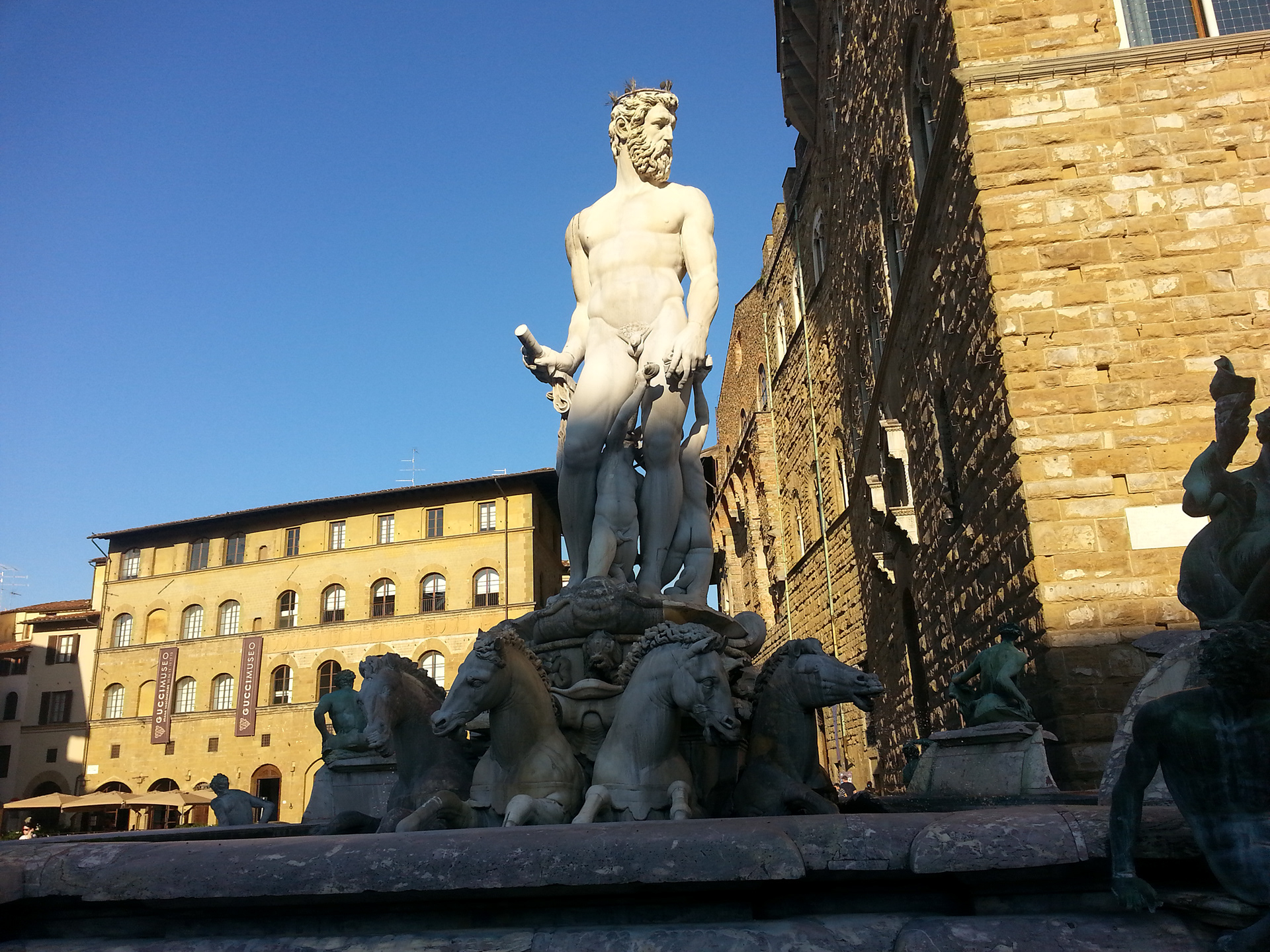 The Fountain of Neptune in Florence, Italy, (Italian: Fontana del Nettuno) is situated in the Piazza della Signoria (Signoria square), in front of the Palazzo Vecchio. 